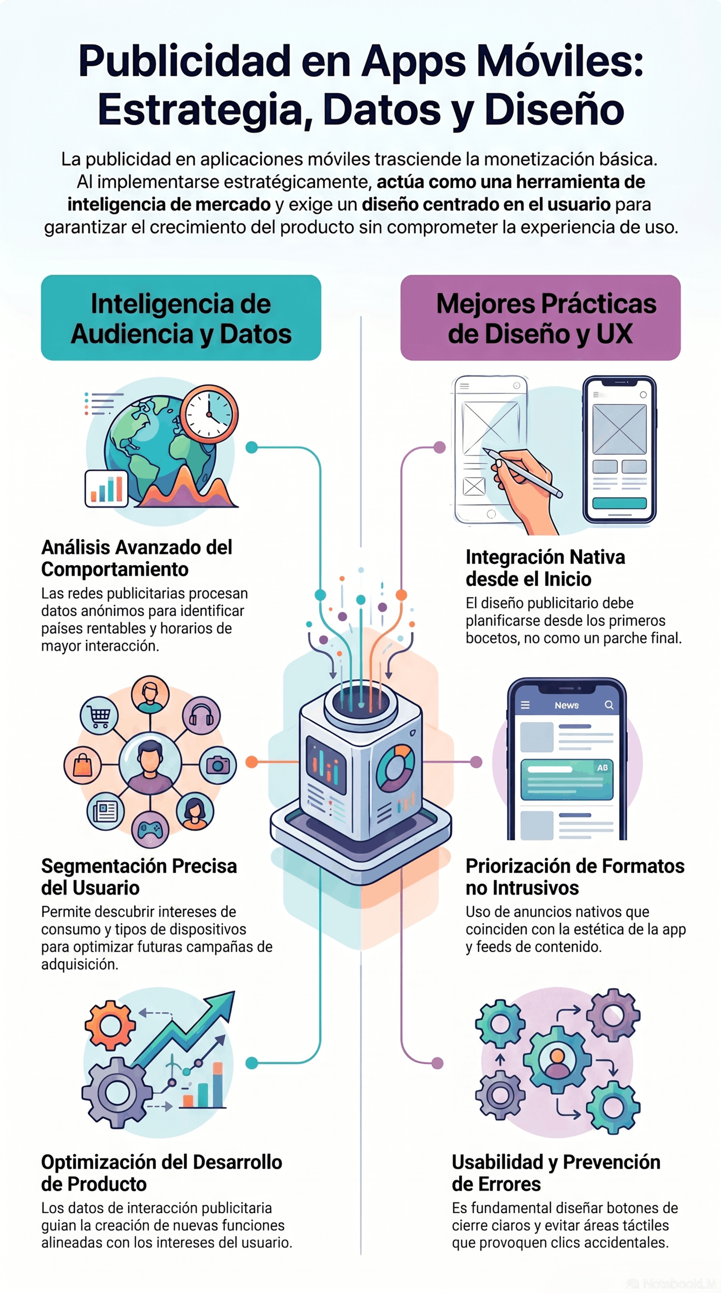 Infografía sobre publicidad efectiva en aplicaciones móviles, con enfoque en inteligencia de audiencia, segmentación precisa, integración nativa, formatos no intrusivos y optimización del producto.