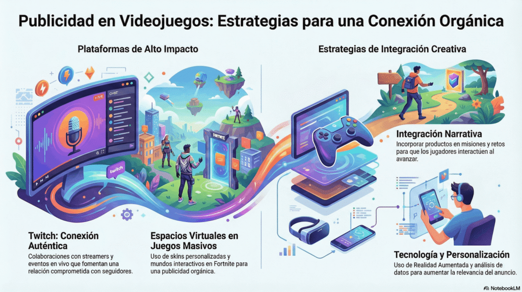 Infografía sobre Publicidad orgánica en videojuegos: estrategias para una conexión orgánica, dividida en Plataformas de alto impacto como Twitch con conexiones auténticas de streamers y Espacios virtuales en juegos masivos y metaversos. Incluye Estrategias de integración creativa: integración narrativa para juegos interactivos, uso de tecnología AR personalizada, con flujos visuales de personajes en mundos virtuales y dispositivos móviles.