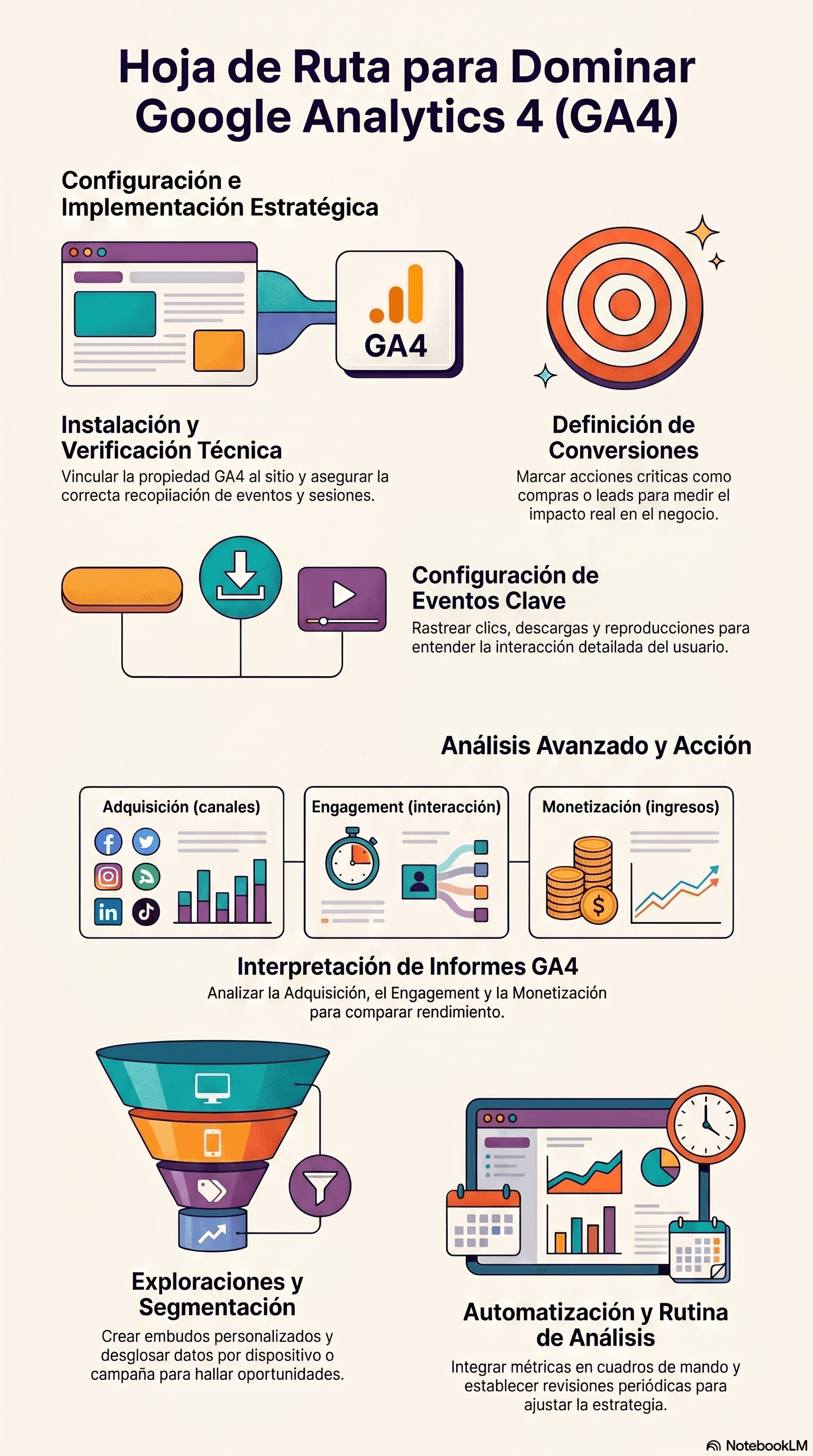 Infografía de la ruta para dominar análisis web con Google Analytics 4, que incluye configuración e implementación, instalación y verificación técnica, definición de conversiones, eventos clave, análisis avanzado, exploraciones, segmentación y automatización de informes.