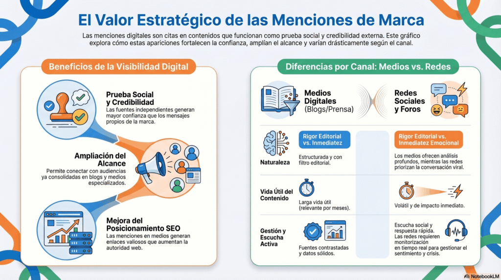 Infografía sobre el valor estratégico de menciones digitales, mostrando cómo las menciones en blogs, prensa, redes sociales y foros fortalecen la credibilidad, amplían el alcance y mejoran el posicionamiento SEO de una marca.