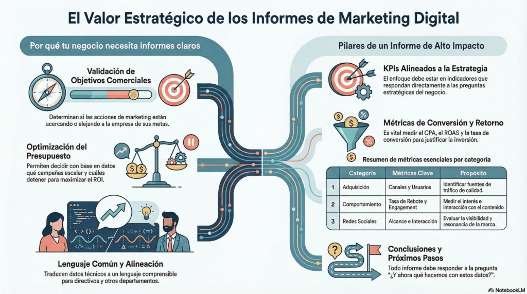 Infografía sobre el valor estratégico de los informes de marketing digital, con diagrama central que conecta validación de objetivos, optimización de campañas, KPIs alineados a estrategia y métricas de conversión; incluye categorías como informes métricos, análisis y productos de insights para potenciar la toma de decisiones en marketing digital.