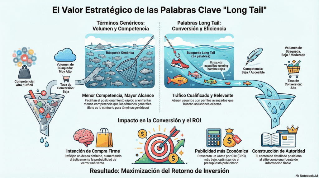 Infografía sobre el valor de palabras Long Tail en SEO, comparando términos genéricos y palabras long tail, mostrando menor competencia, mayor conversión, tráfico cualificado y mejor retorno de inversión.