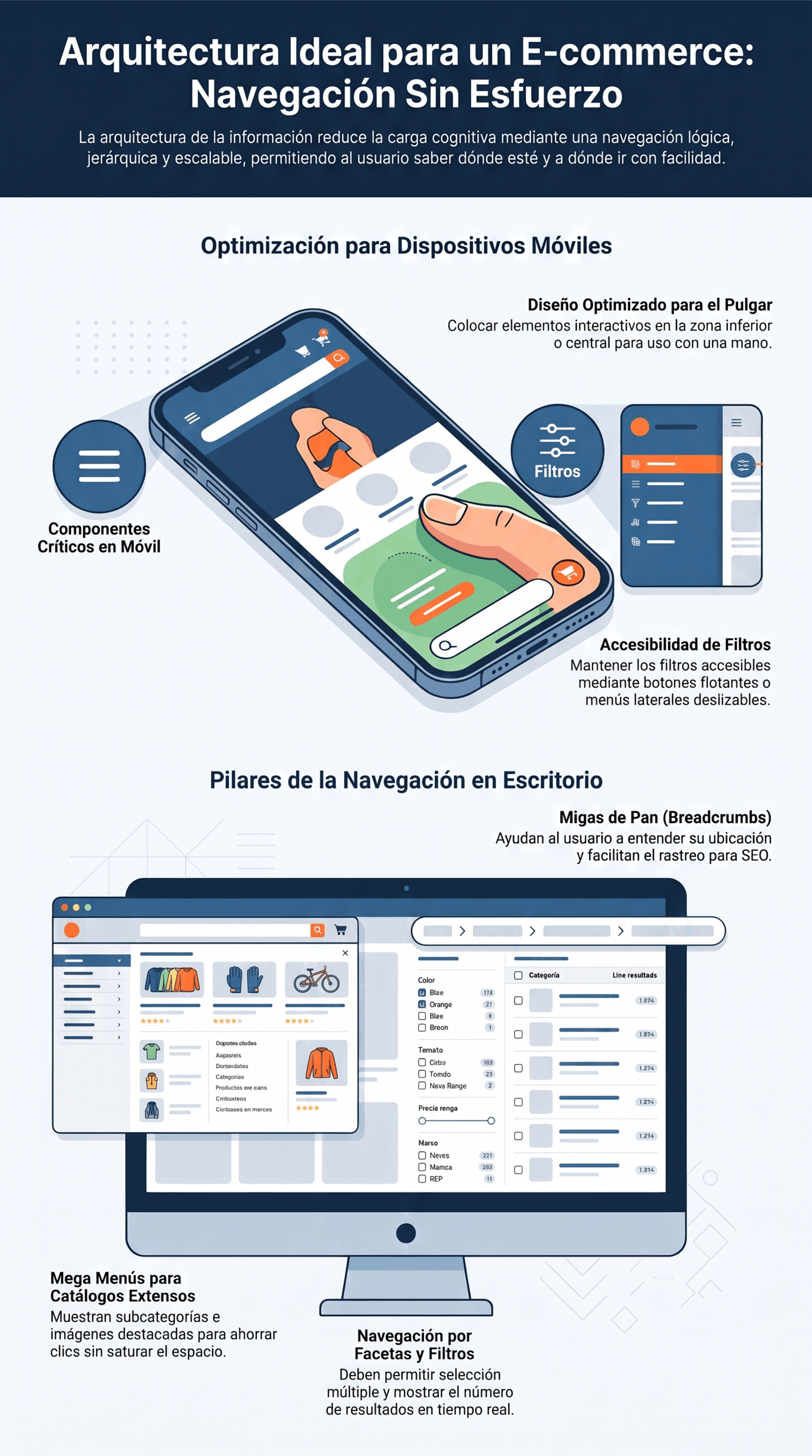 Infografía sobre arquitectura de navegación e-commerce con optimización para dispositivos móviles, componentes críticos en móvil, migas de pan, mega menús, filtros y facetas para mejorar la usabilidad y el SEO.