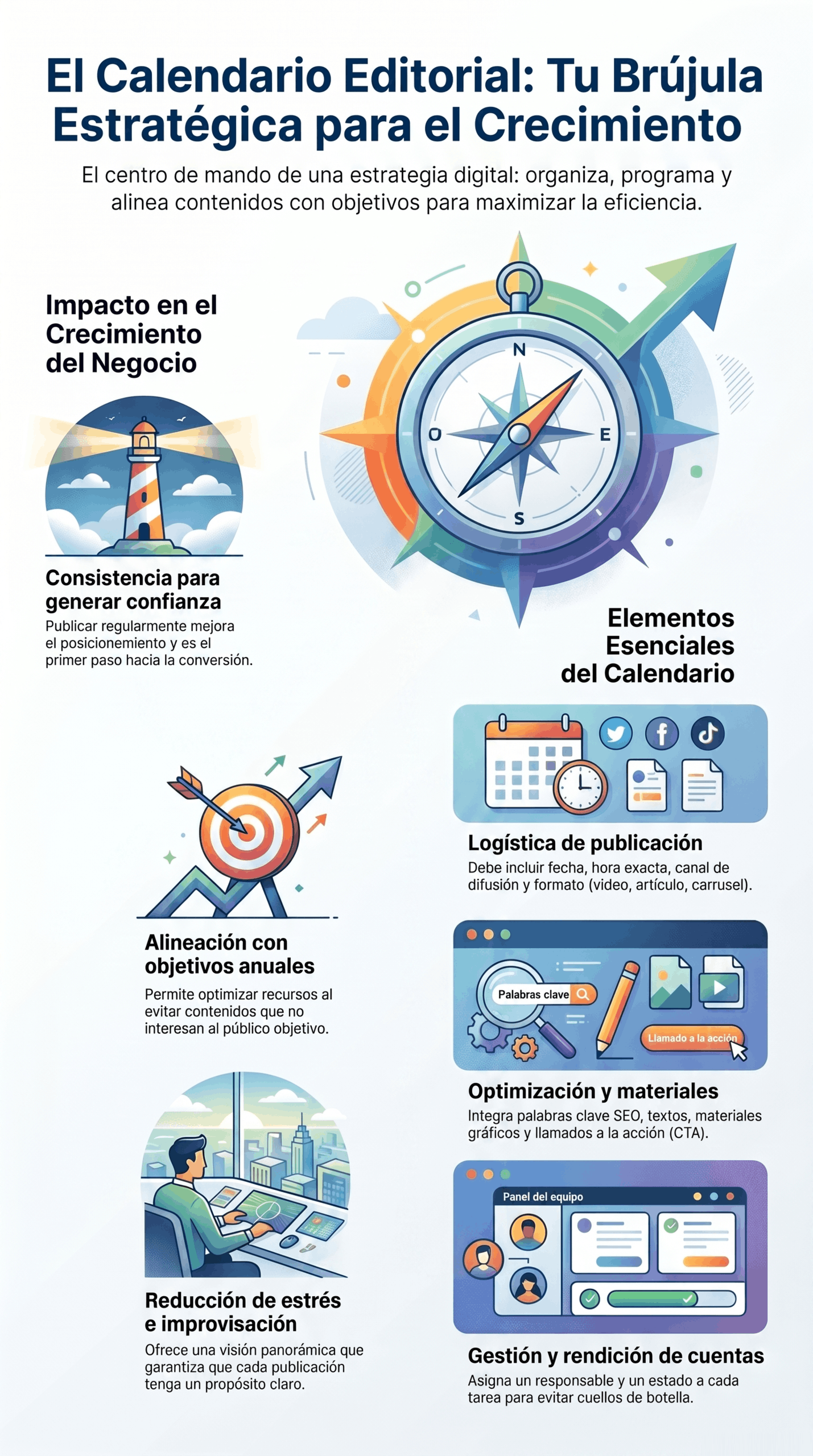 Infografía sobre calendario editorial para el crecimiento, con una brújula estratégica, planificación de publicaciones, optimización SEO, consistencia, alineación de objetivos y gestión de contenidos para impulsar resultados.