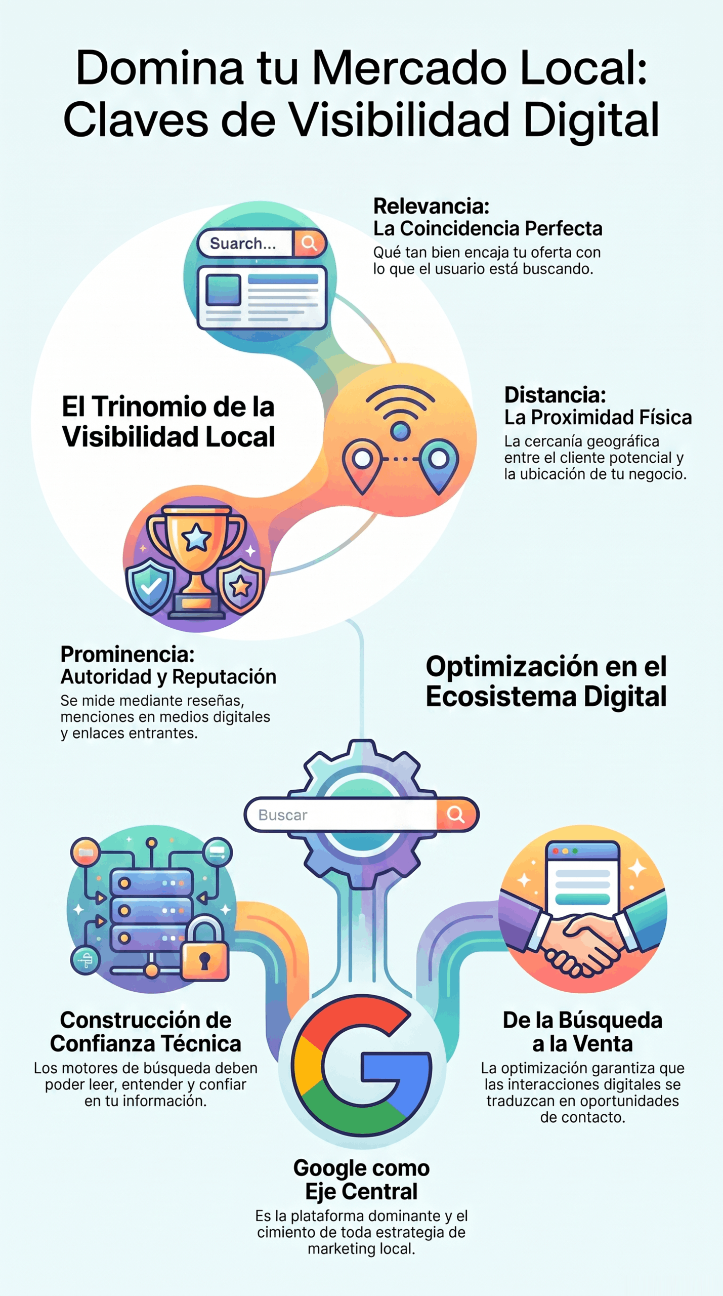 Infografía sobre las claves de visibilidad digital local, con conceptos de relevancia, distancia, prominencia, optimización del ecosistema digital y Google como eje central para mejorar la presencia de un negocio local en línea.