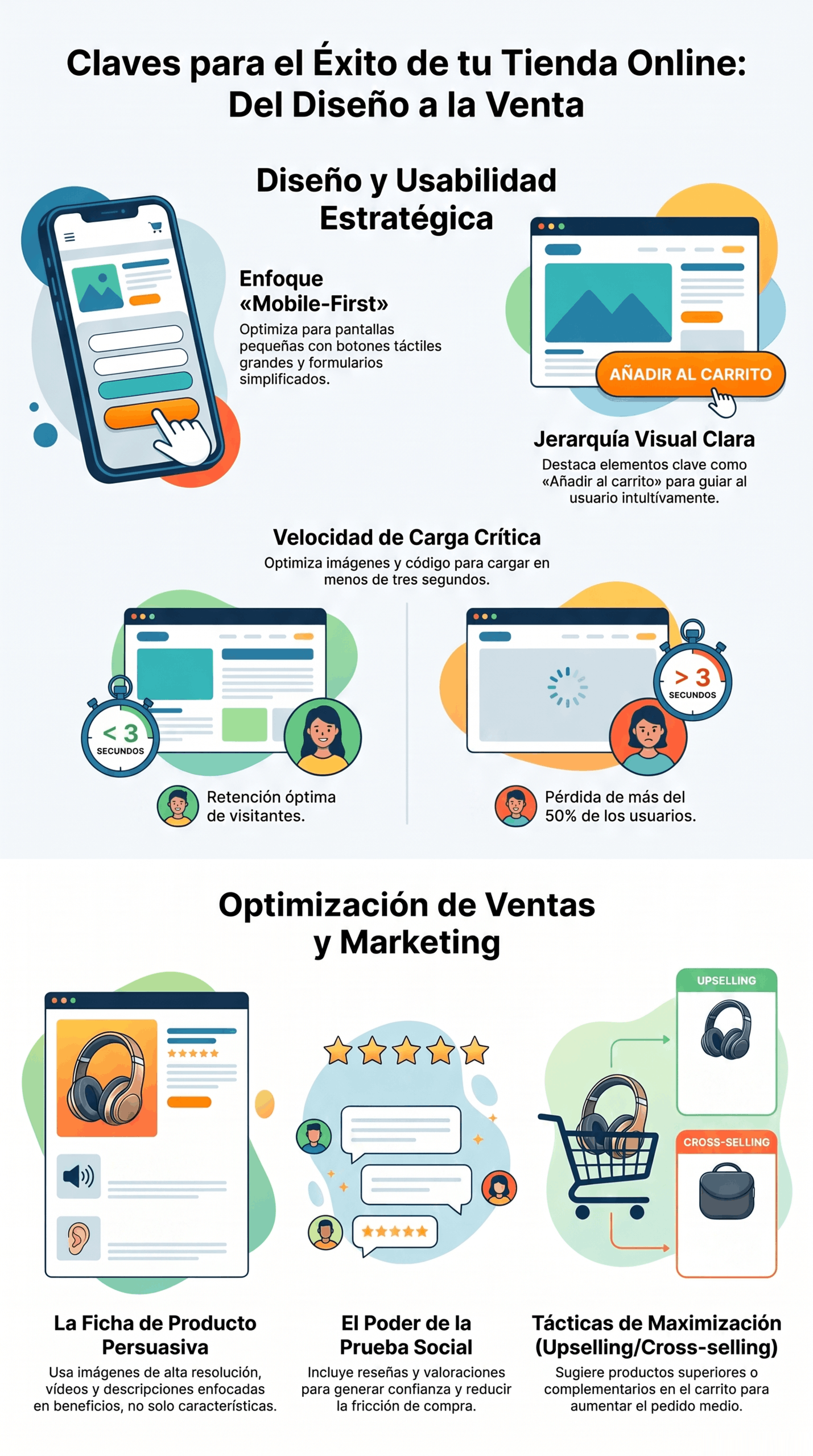 Infografía sobre las claves para el éxito online, centrada en diseño mobile-first, jerarquía visual clara, velocidad de carga, ficha de producto persuasiva, prueba social y tácticas de upselling y cross-selling.