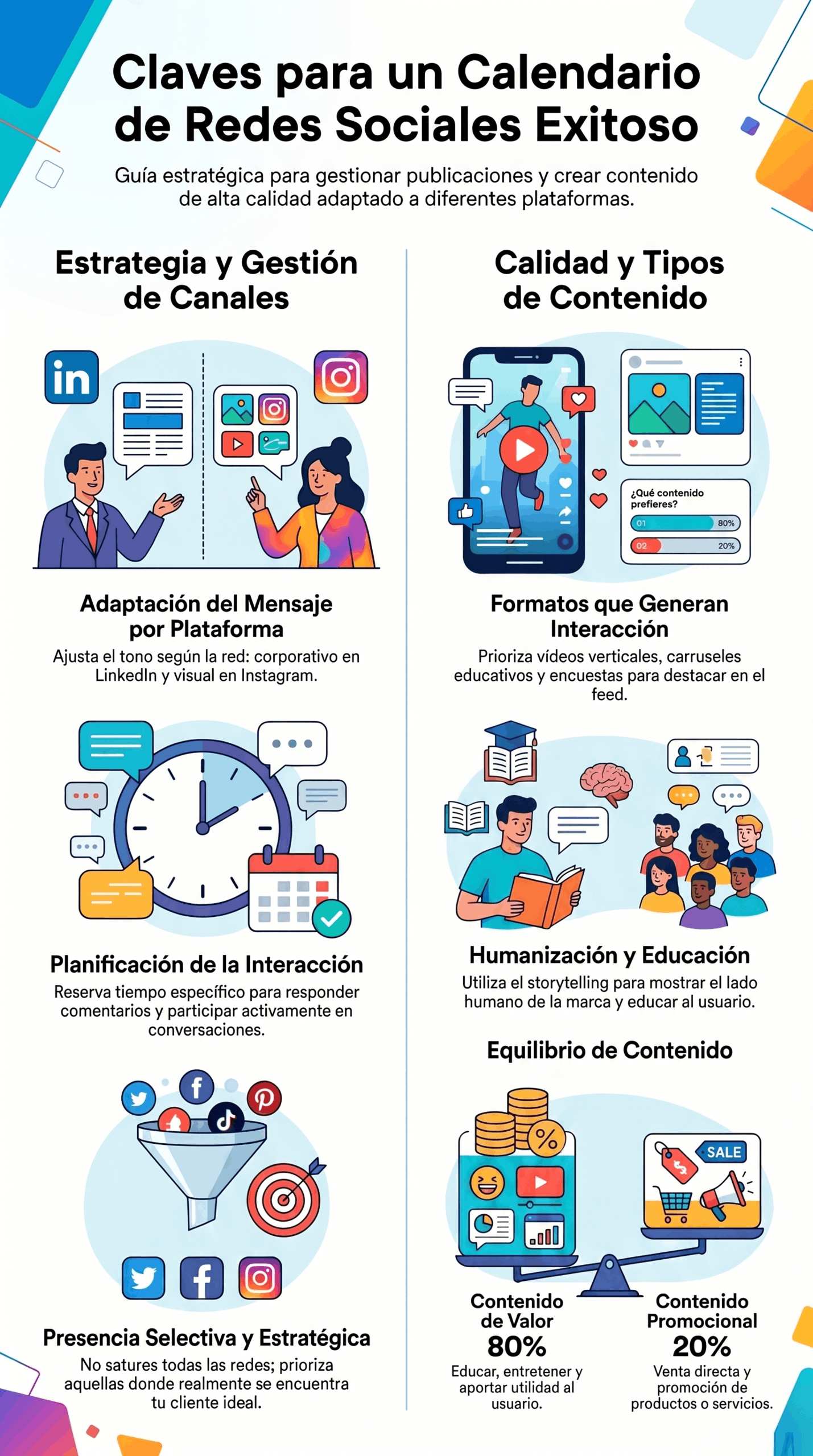 Infografía sobre claves para redes sociales exitosas, con estrategia de canales, adaptación del mensaje, planificación de la interacción, humanización, equilibrio entre contenido de valor y promocional, y formatos que generan interacción.