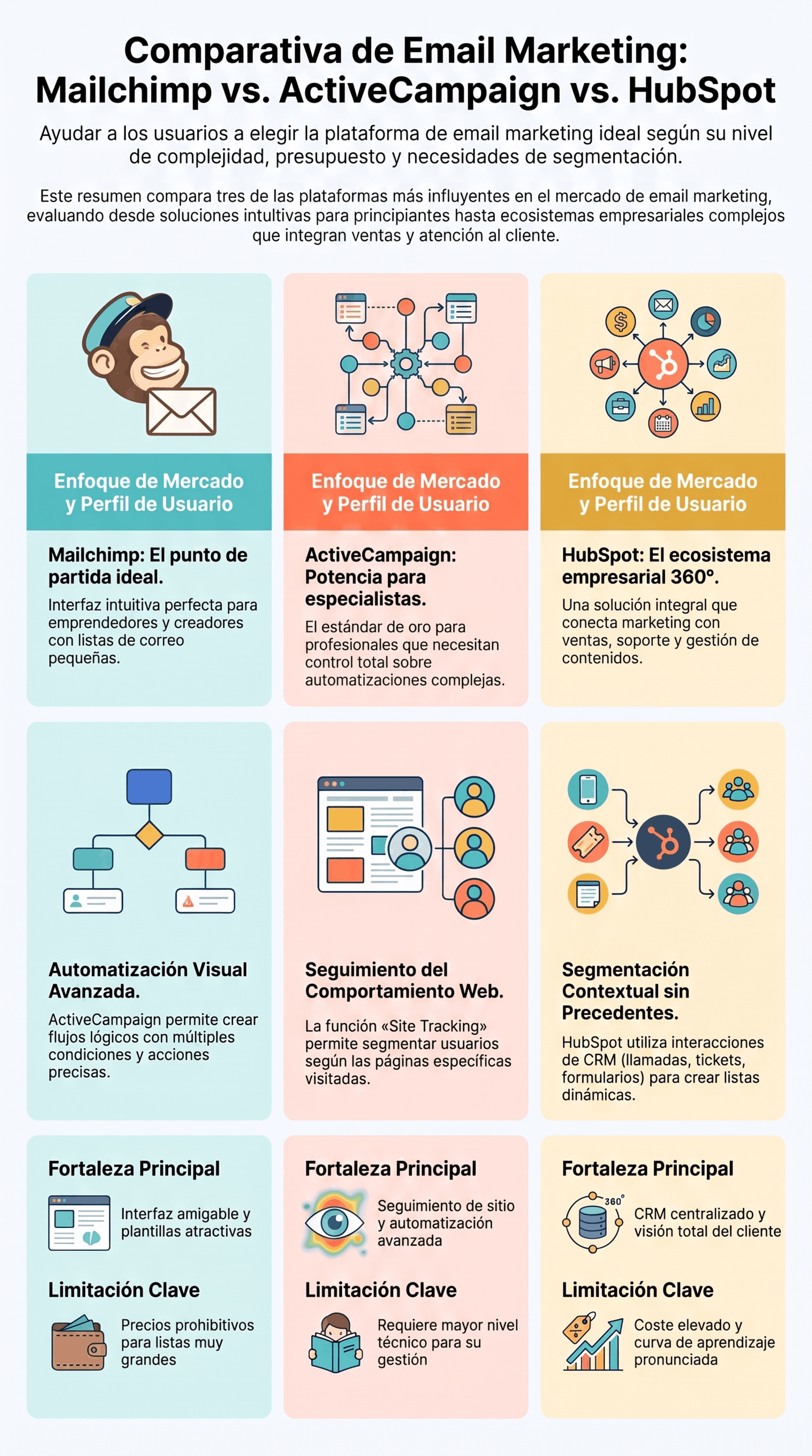 Infografía de comparativa de plataformas de marketing que analiza Mailchimp, ActiveCampaign y HubSpot por enfoque, automatización, seguimiento del comportamiento web, segmentación y fortalezas principales.