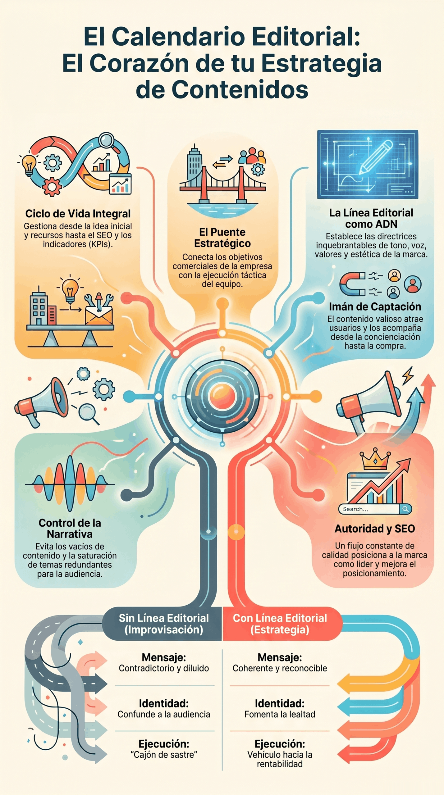 Infografía sobre El Calendario Editorial Estratégico, donde se explica cómo una línea editorial definida, el control de la narrativa y el SEO mejoran la estrategia de contenidos y la captación de audiencia.