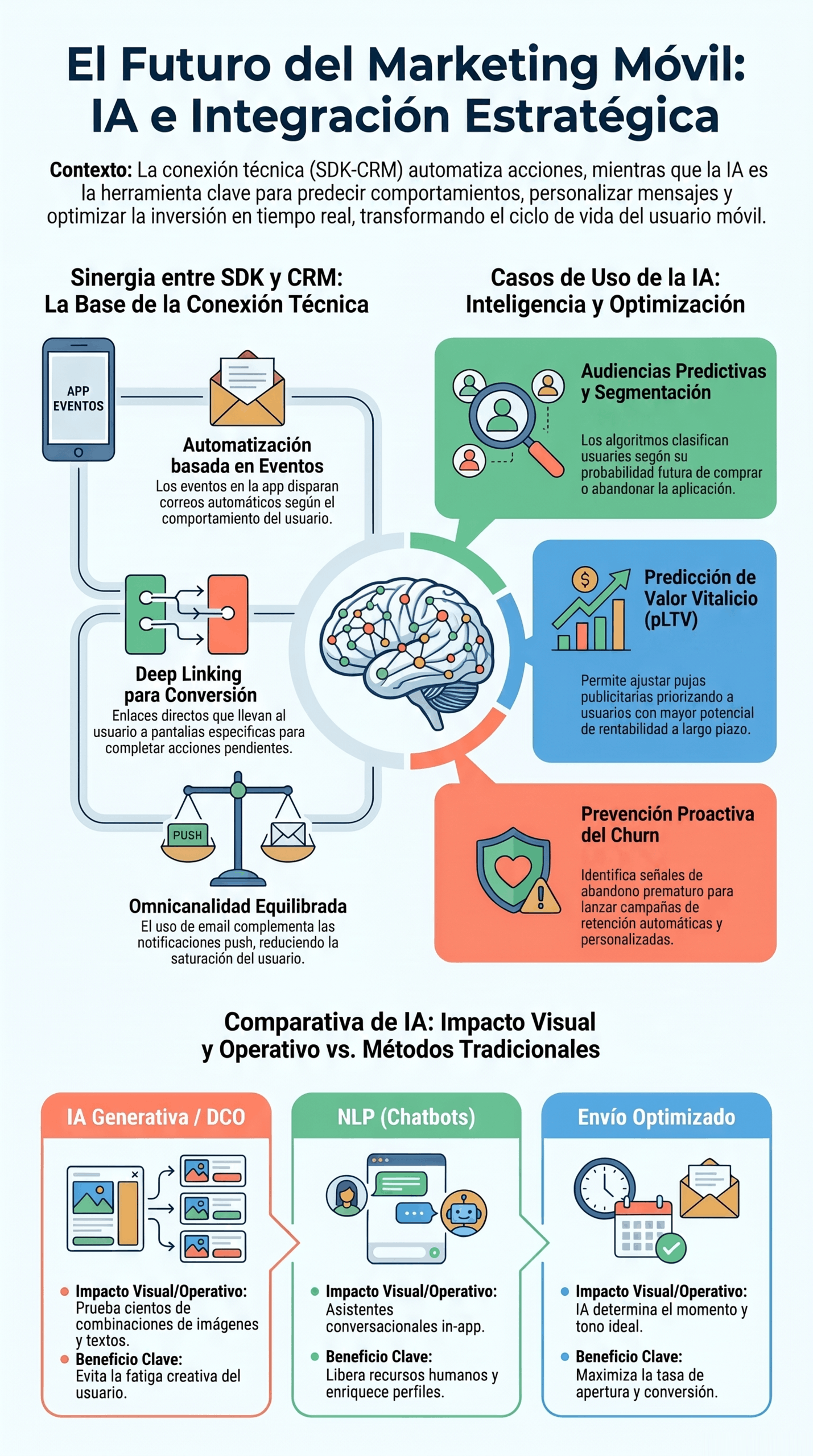 Infografía sobre el futuro del marketing móvil con IA, sincronización entre SDK y CRM, automatización basada en eventos, deep linking, audiencias predictivas, prevención del churn y optimización omnicanal.