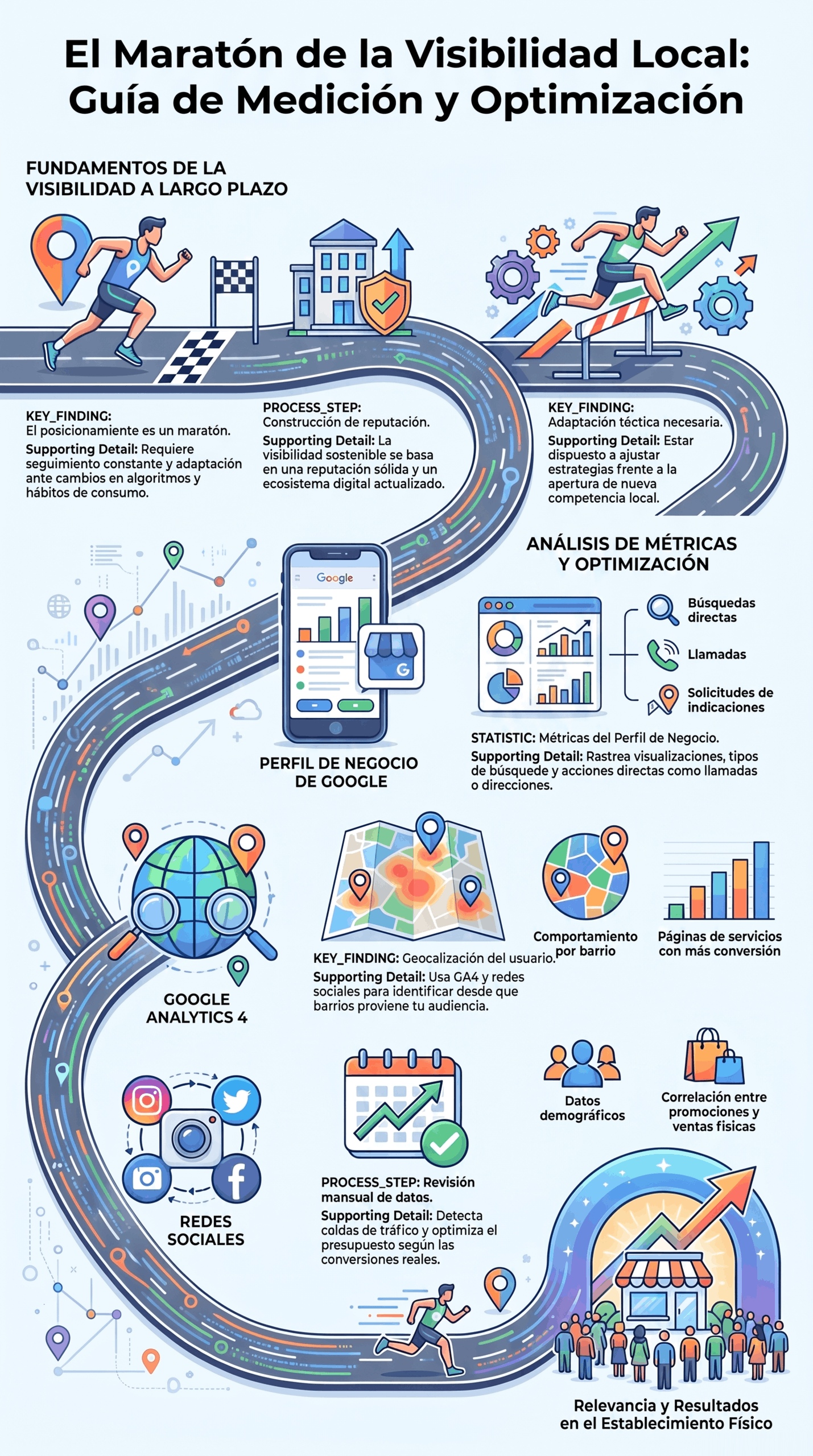 Infografía sobre el maratón de visibilidad local, con guía de medición y optimización, perfil de negocio de Google, Google Analytics 4, análisis de métricas, redes sociales y relevancia en el establecimiento físico para mejorar resultados locales.