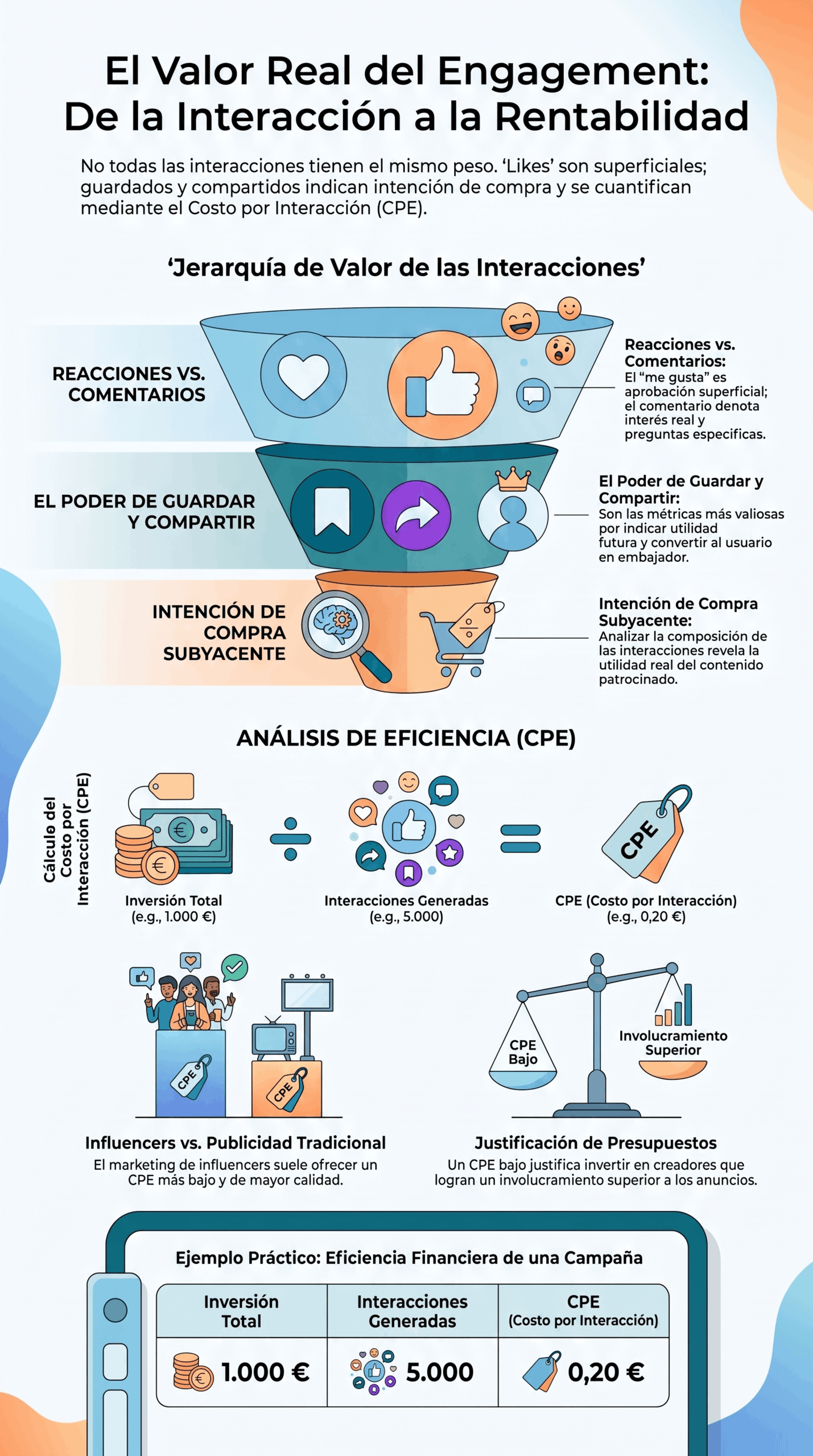 Infografía sobre El Valor Real del Engagement que explica la jerarquía de interacciones, el costo por interacción (CPE), la intención de compra y la eficiencia en campañas de influencer marketing.