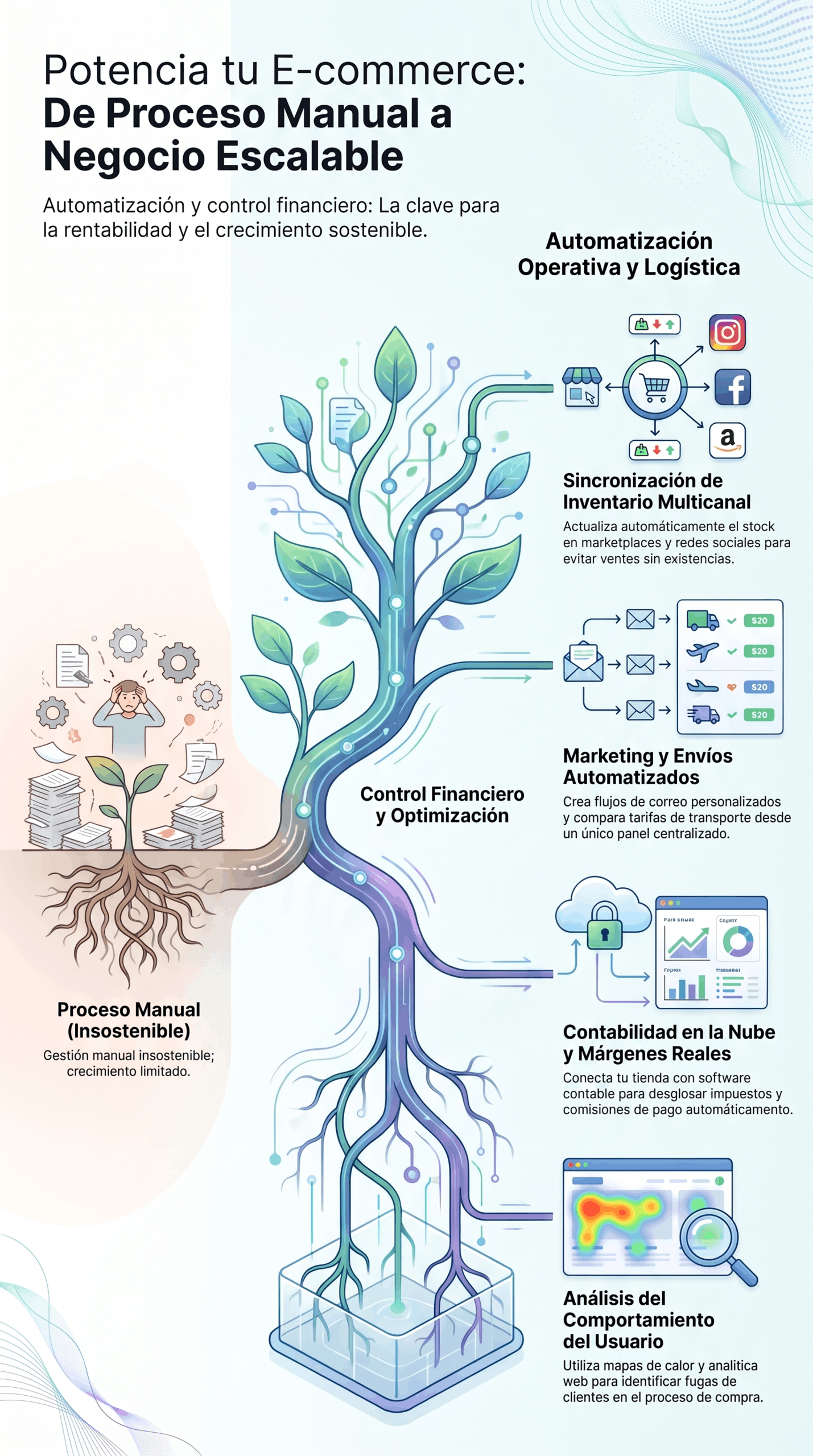 Infografía sobre escalabilidad y automatización e-commerce, con control financiero, sincronización de inventario, marketing y envíos automatizados, contabilidad en la nube y análisis del comportamiento del usuario.