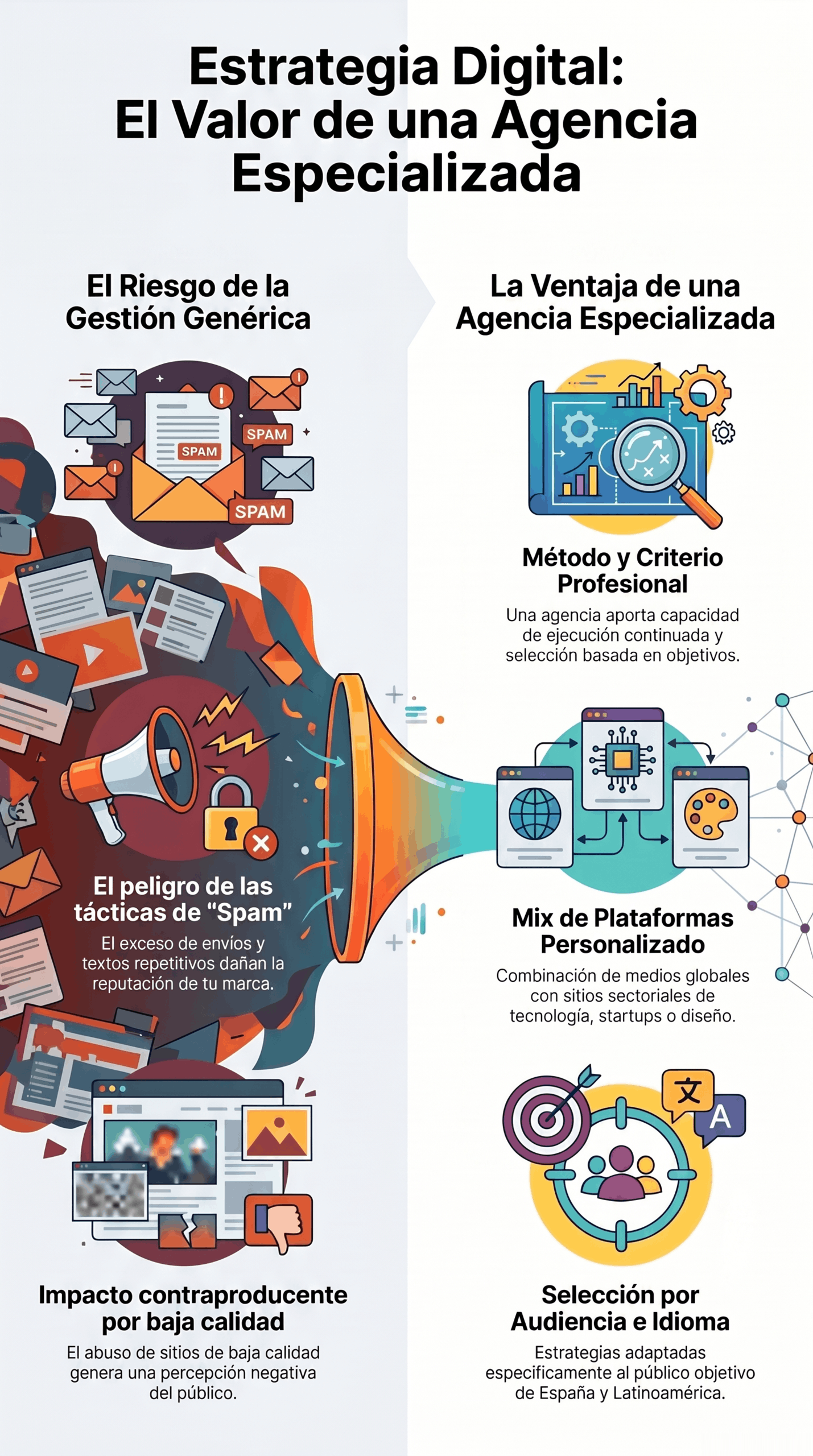 Infografía sobre estrategia digital que compara la gestión genérica con el trabajo de una agencia especializada, destacando método profesional, selección por audiencia e idioma, y una combinación personalizada de plataformas para mejorar resultados de marketing digital y SEO.