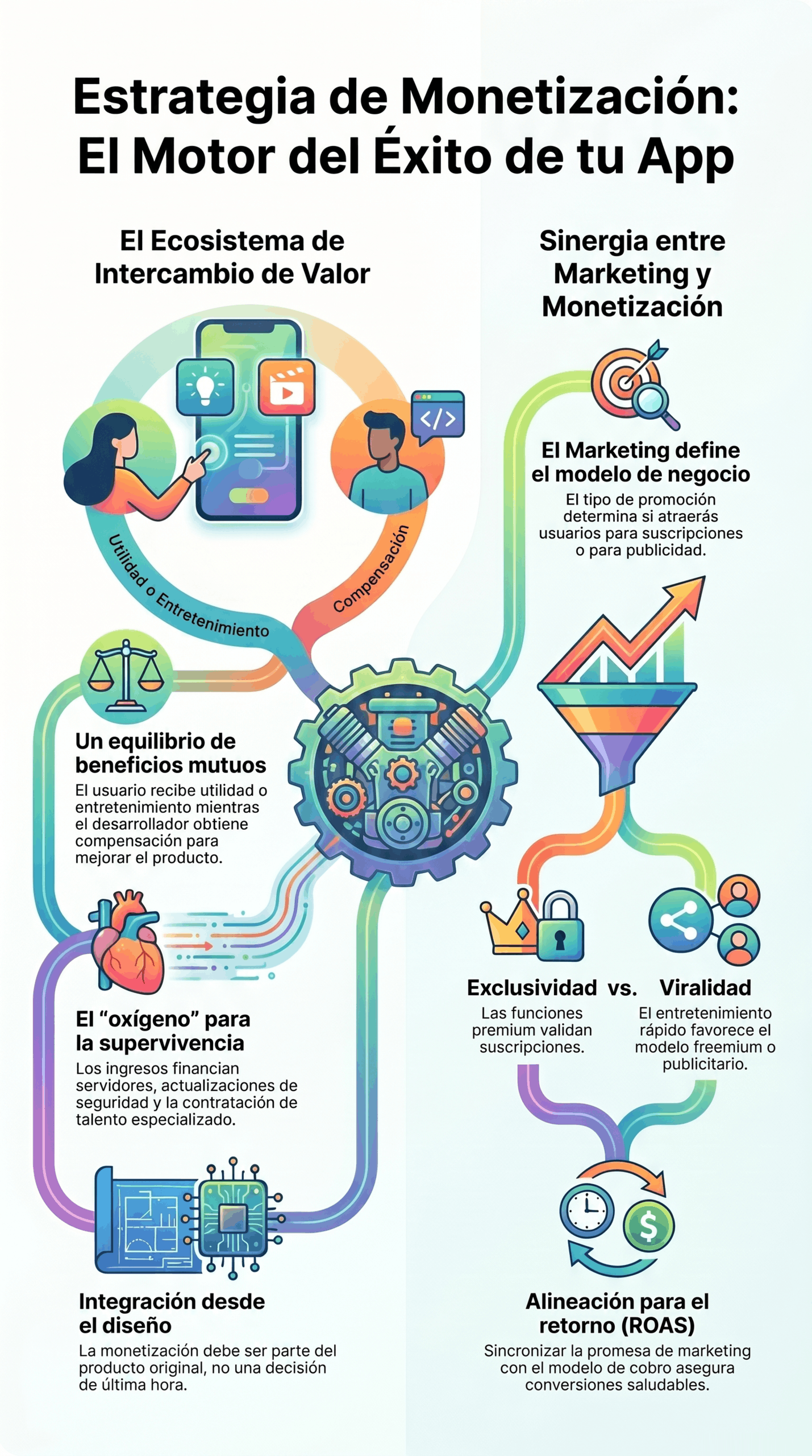 Infografía colorida que muestra un esquema de estrategia de monetización de aplicaciones con elementos gráficos (usuario, celular, engranaje, embudo y métricas) y consejos sobre equilibrio de beneficios, integración desde el diseño, exclusividad vs. viralidad y alineación de marketing para maximizar ingresos.