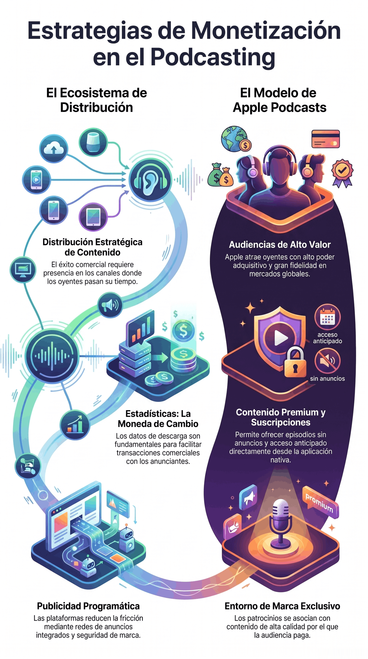 Infografía sobre estrategias de monetización de podcasts, con secciones de distribución estratégica, estadísticas, publicidad programática, modelo de Apple Podcasts, contenido premium, suscripciones y entorno de marca exclusivo.