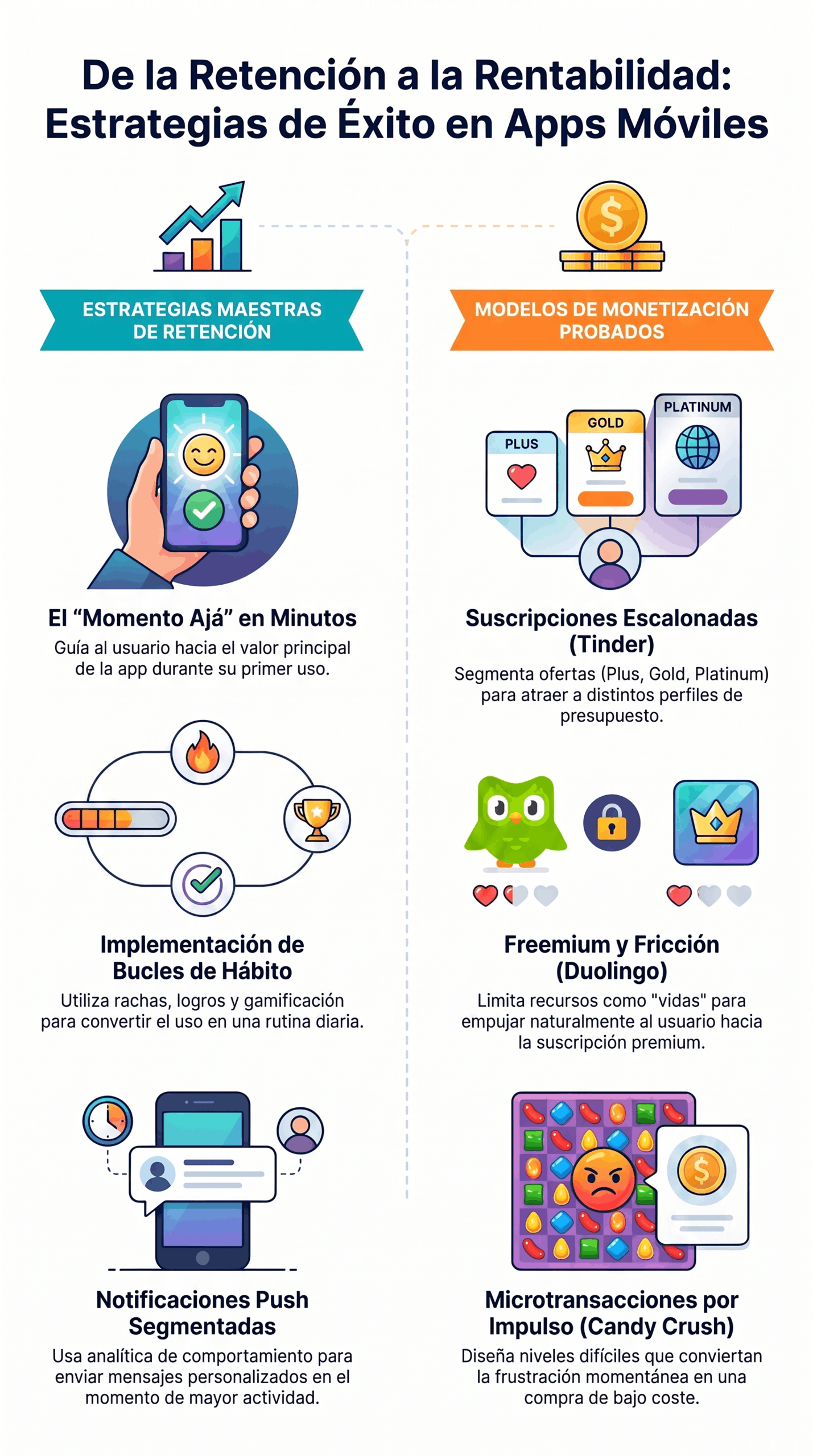 Infografía que presenta estrategias de éxito en aplicaciones móviles, incluyendo momentos "Aha", bucles de hábito, notificaciones push segmentadas, modelos de suscripción escalonada, freemium con fricción y microtransacciones por impulso para aumentar retención y rentabilidad.