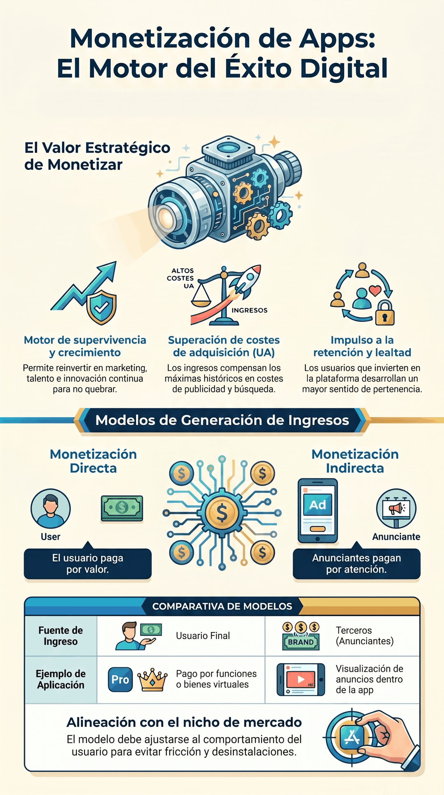 Infografía sobre estrategias de monetización de aplicaciones, con modelos de ingresos directos e indirectos, retención de usuarios y comparativa de opciones para generar rentabilidad.