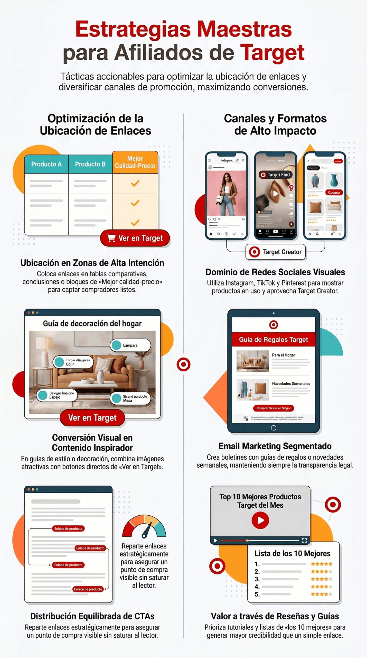 Infografía de Estrategias para Afiliados Minoristas con optimización de enlaces, redes sociales visuales, email marketing segmentado y reseñas para promocionar productos de Target.