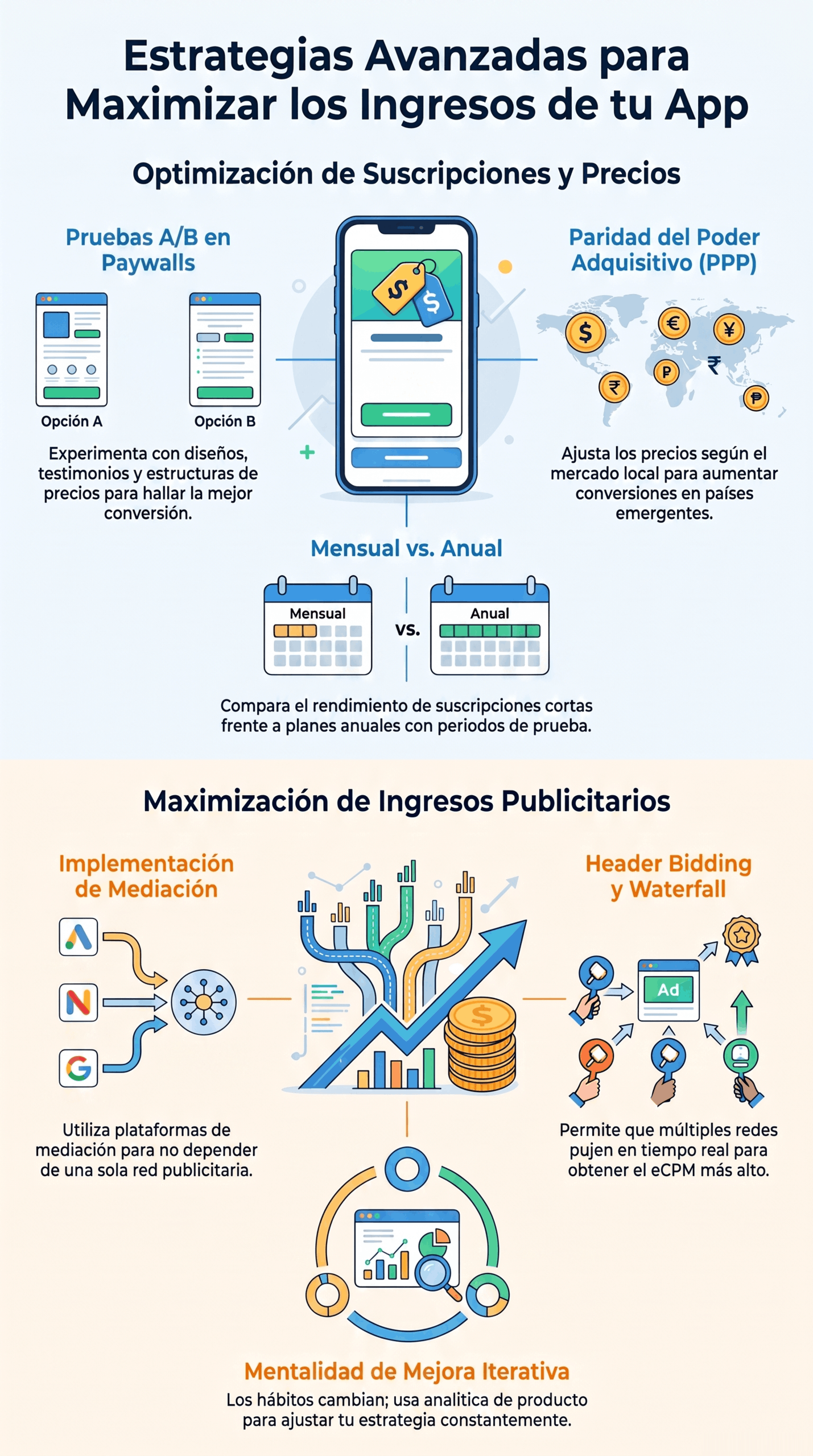 Infografía sobre estrategias para monetizar aplicaciones móviles, con ejemplos de optimización de suscripciones y precios, pruebas A/B en paywalls, paridad de poder adquisitivo, mediación publicitaria, header bidding y mejora iterativa para aumentar los ingresos de una app.