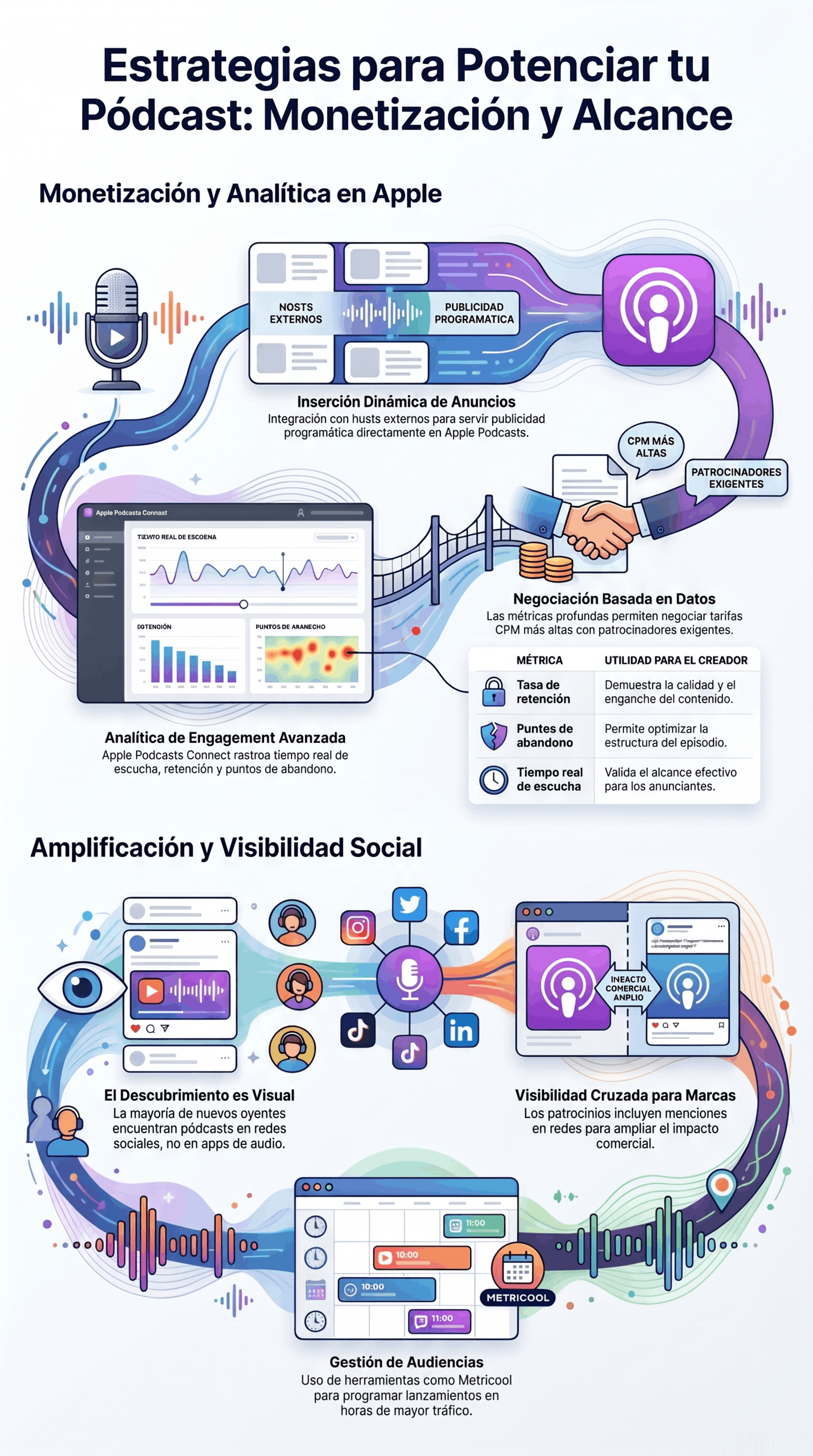 Infografía sobre estrategias para potenciar tu pódcast, con monetización y analítica en Apple Podcasts, inserción dinámica de anuncios, negociación basada en datos, amplificación en redes sociales y gestión de audiencias.