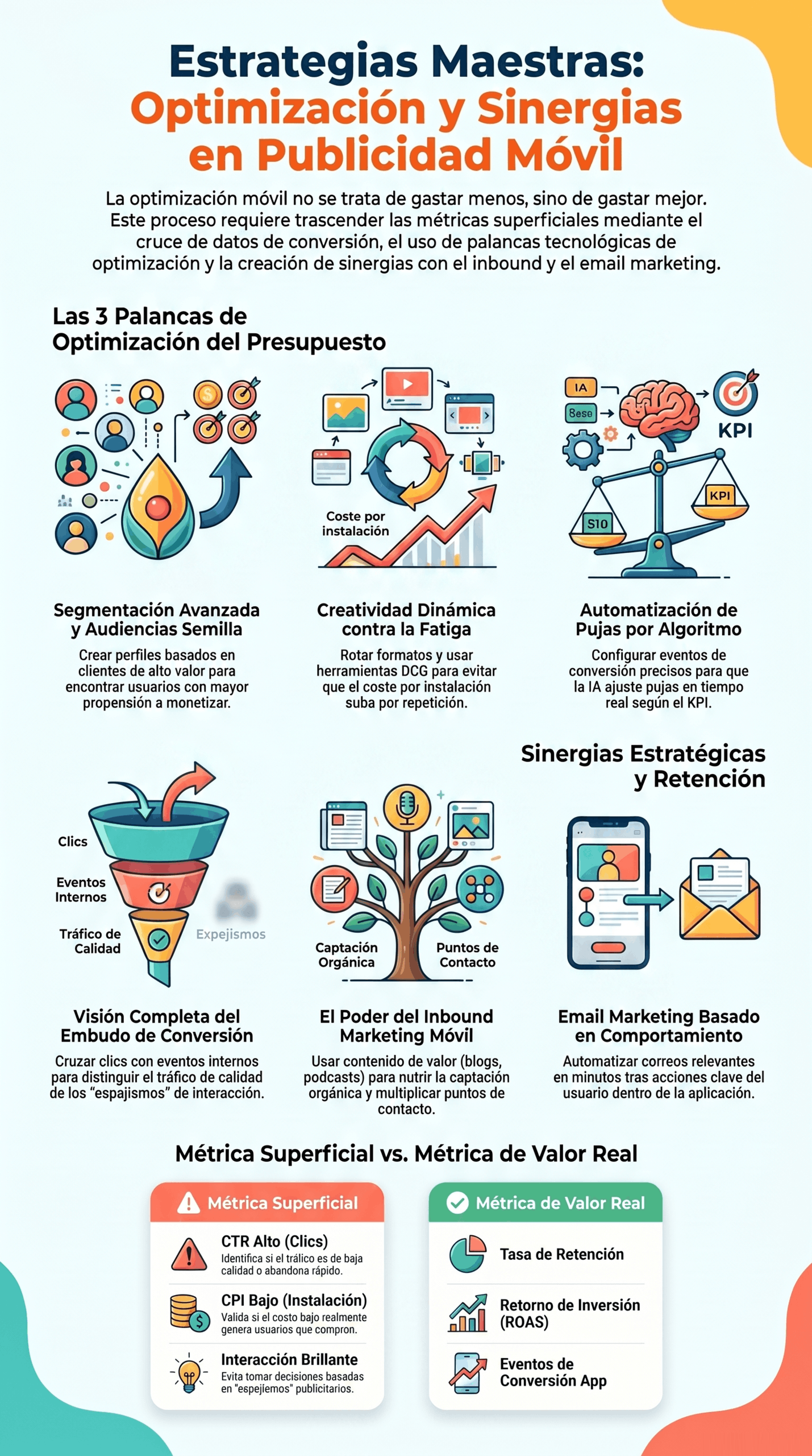 Infografía sobre estrategias para publicidad móvil eficaz, con segmentación avanzada, creatividad dinámica, automatización de pujas, embudo de conversión, inbound marketing y email marketing basado en comportamiento.