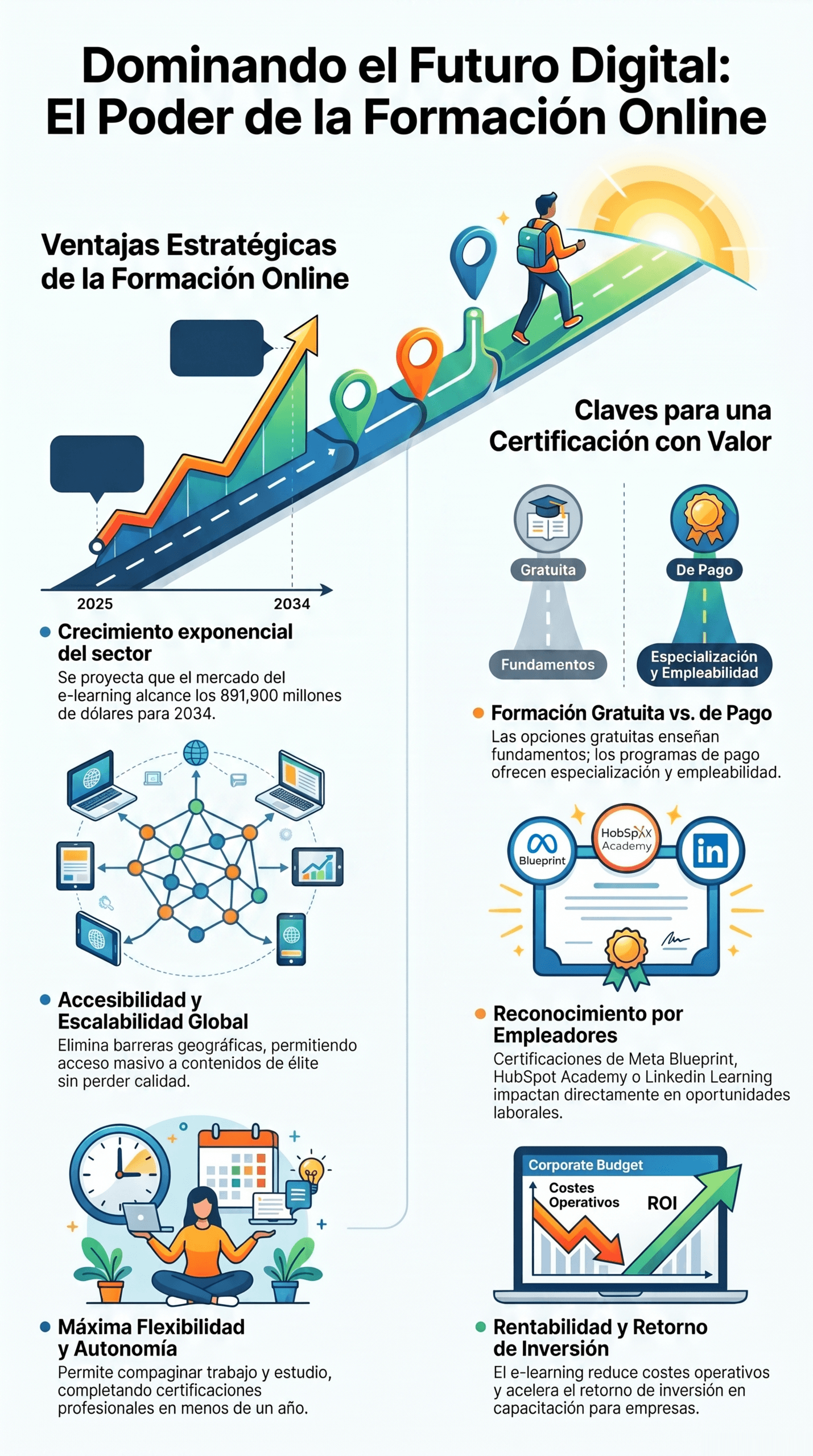 Infografía sobre el Futuro Digital y Formación Online, con beneficios del e-learning, crecimiento del sector, accesibilidad global, flexibilidad, certificaciones y retorno de inversión.