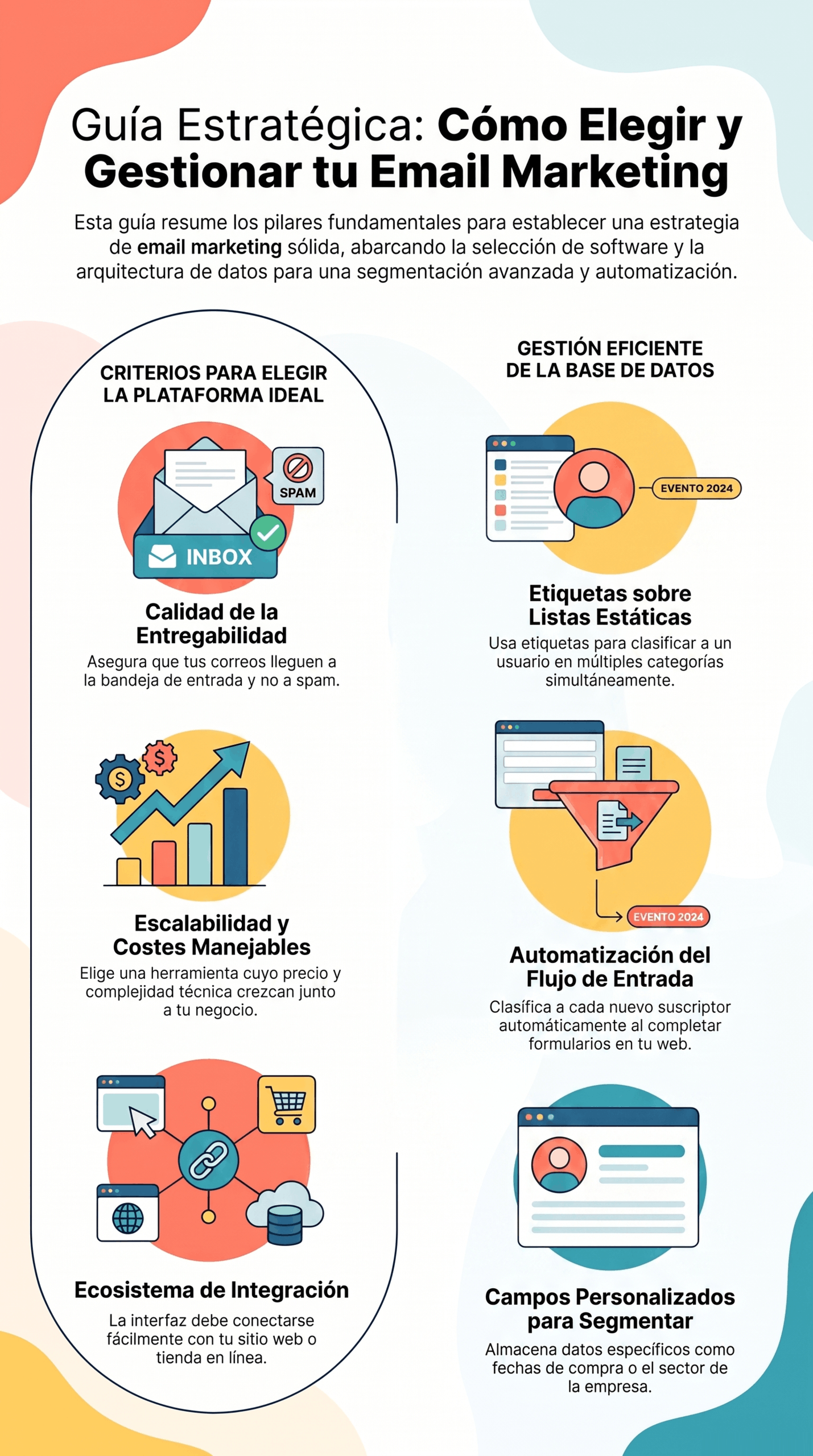 Infografía titulada "Guía Estratégica de Email Marketing" que resume criterios para elegir plataforma, gestionar la base de datos, etiquetas y automatizaciones; recurso visual pensado para explicar una Guía Estratégica de Email Marketing y buenas prácticas de segmentación y entregabilidad.