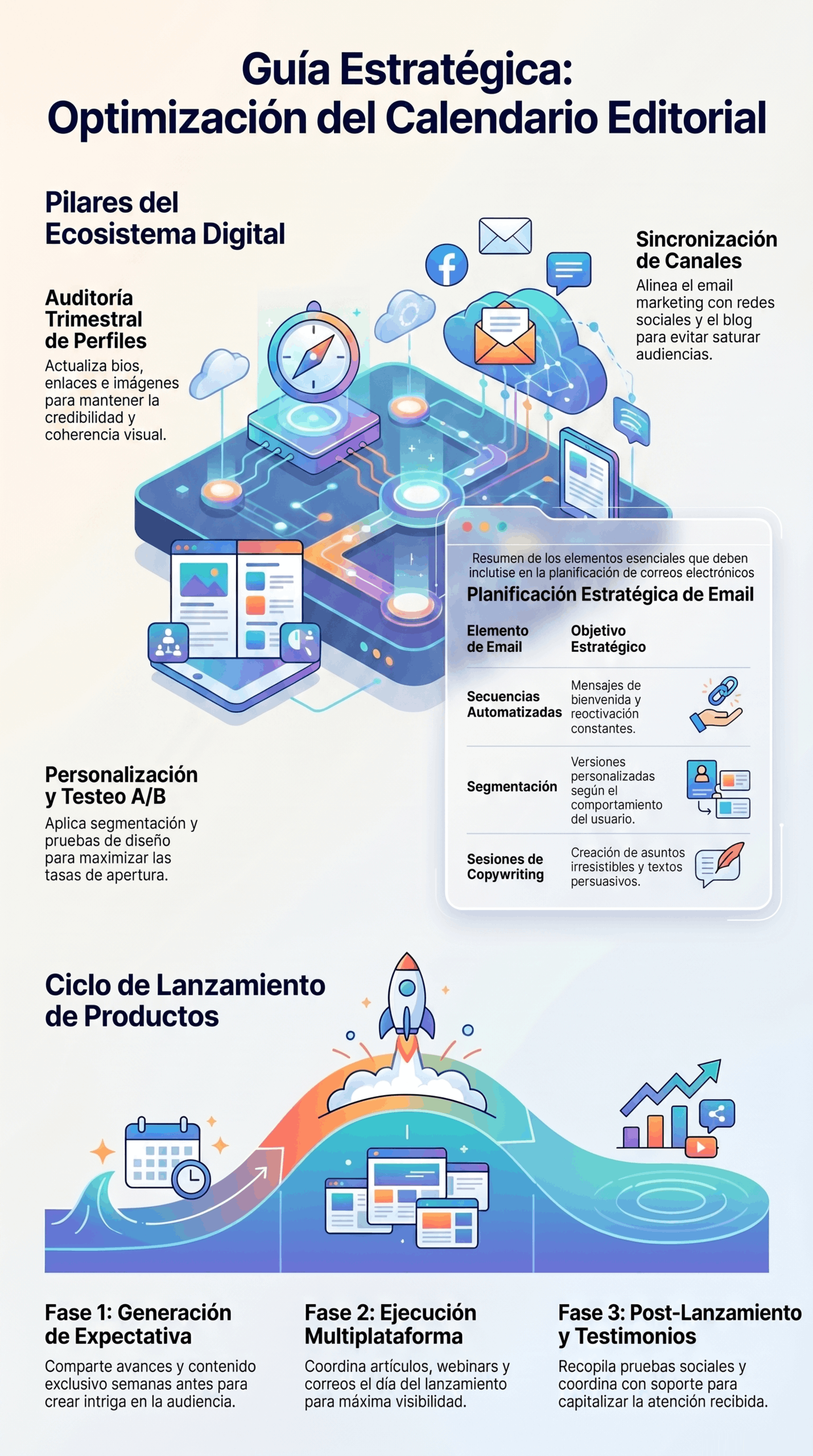 Infografía sobre la guía de optimización del calendario editorial, con pilares del ecosistema digital, sincronización de canales, personalización, testeo A/B, planificación estratégica de email y ciclo de lanzamiento de productos.
