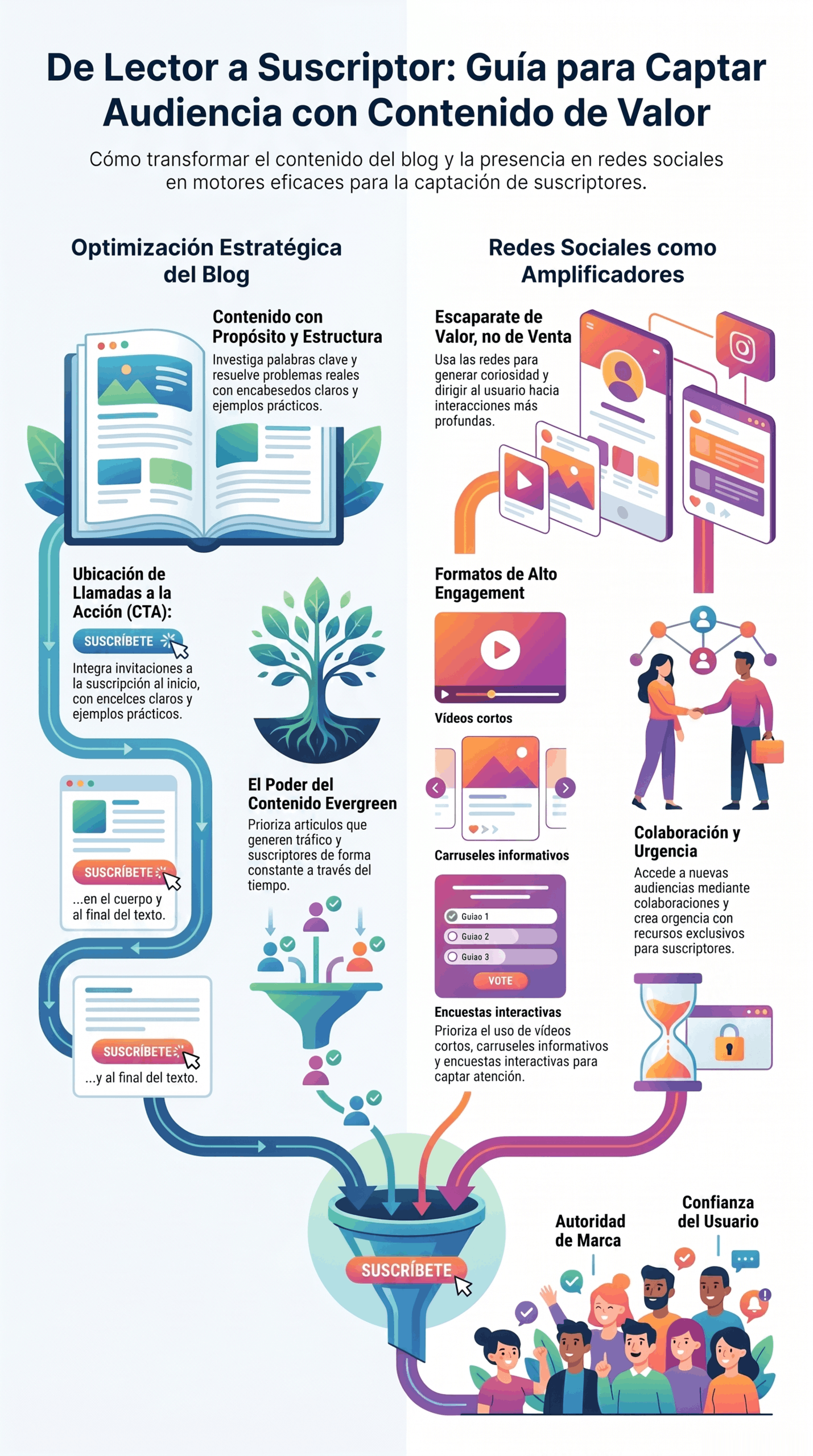 Infografía sobre la guía de captación de suscriptores, con estrategias para optimizar un blog, usar redes sociales, incluir llamadas a la acción, crear contenido evergreen y generar confianza de marca.