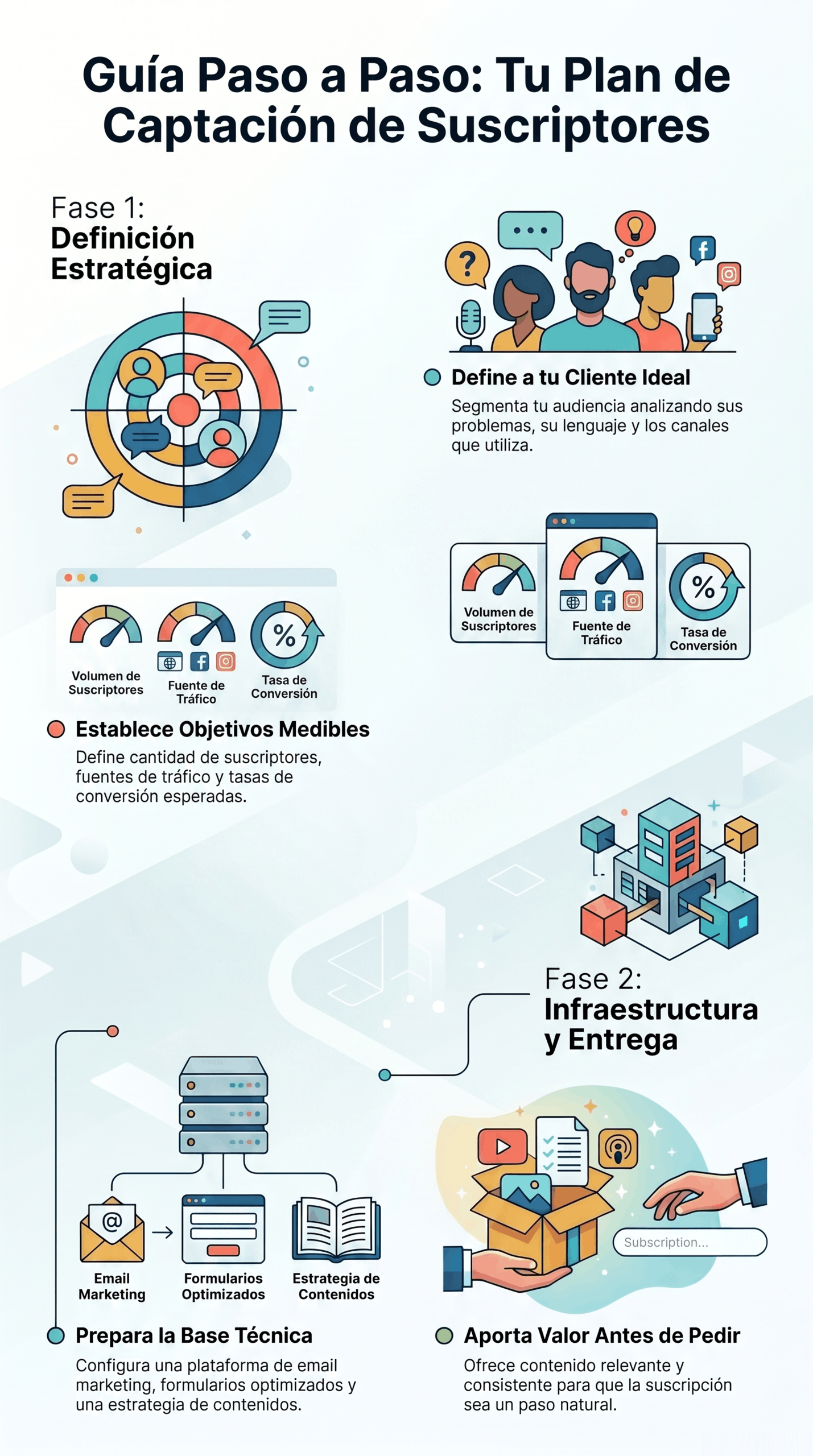 Infografía de una guía paso a paso sobre captación de suscriptores, con fases de definición estratégica, infraestructura y entrega, objetivos medibles y acciones para aportar valor antes de pedir suscripción.