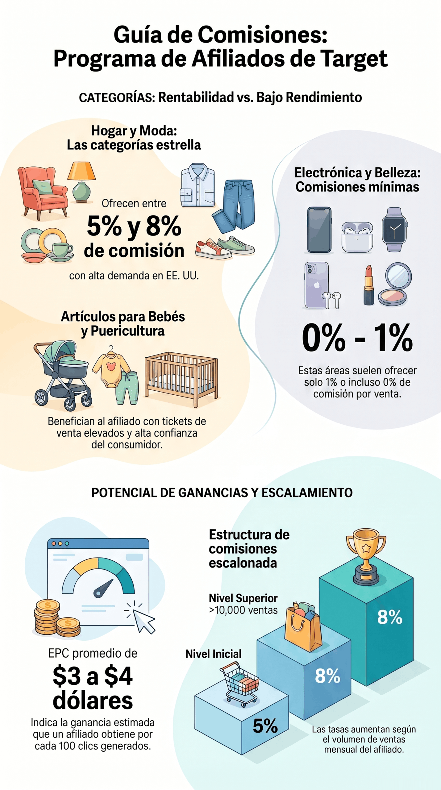 Infografía de la Guía de Comisiones para Afiliados con categorías de Target, porcentajes de comisión, EPC promedio y estructura de ingresos escalonada para afiliados.