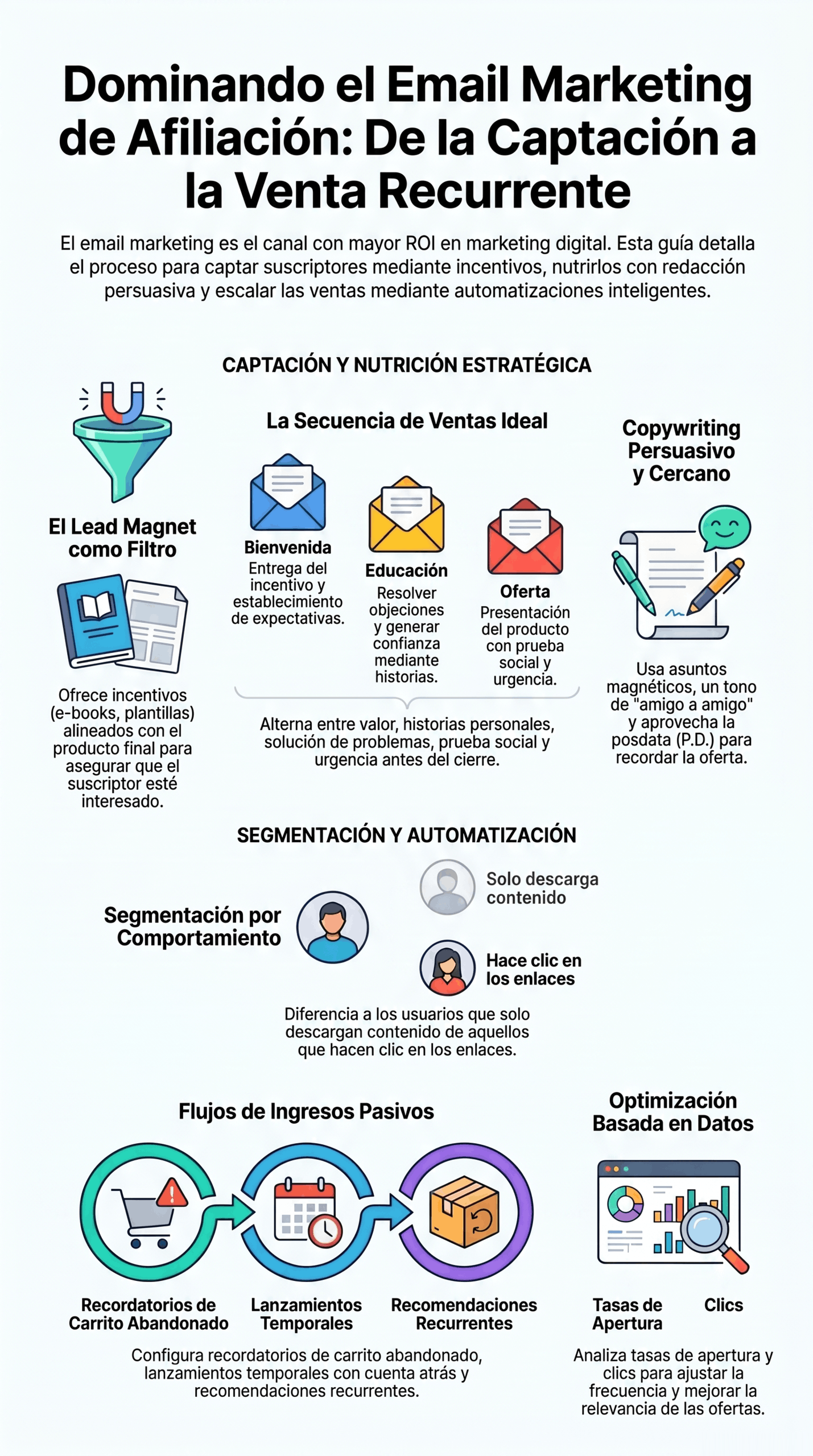 Infografía de la Guía de Email Marketing Afiliado con estrategias de captación, nutrición de leads, automatización, segmentación y optimización basada en datos para aumentar ventas recurrentes.