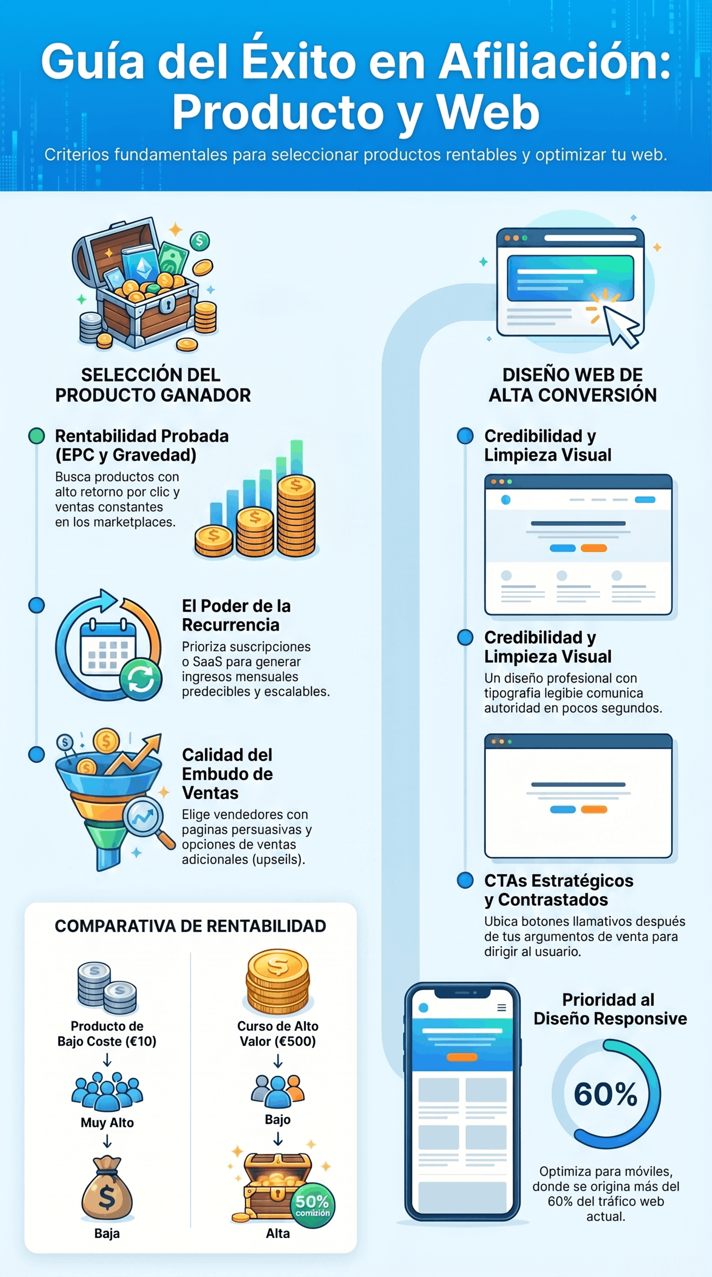 Infografía sobre la Guía de Éxito en Afiliación, con criterios para elegir productos rentables, optimizar la web, mejorar la conversión y aumentar comisiones en marketing de afiliados.