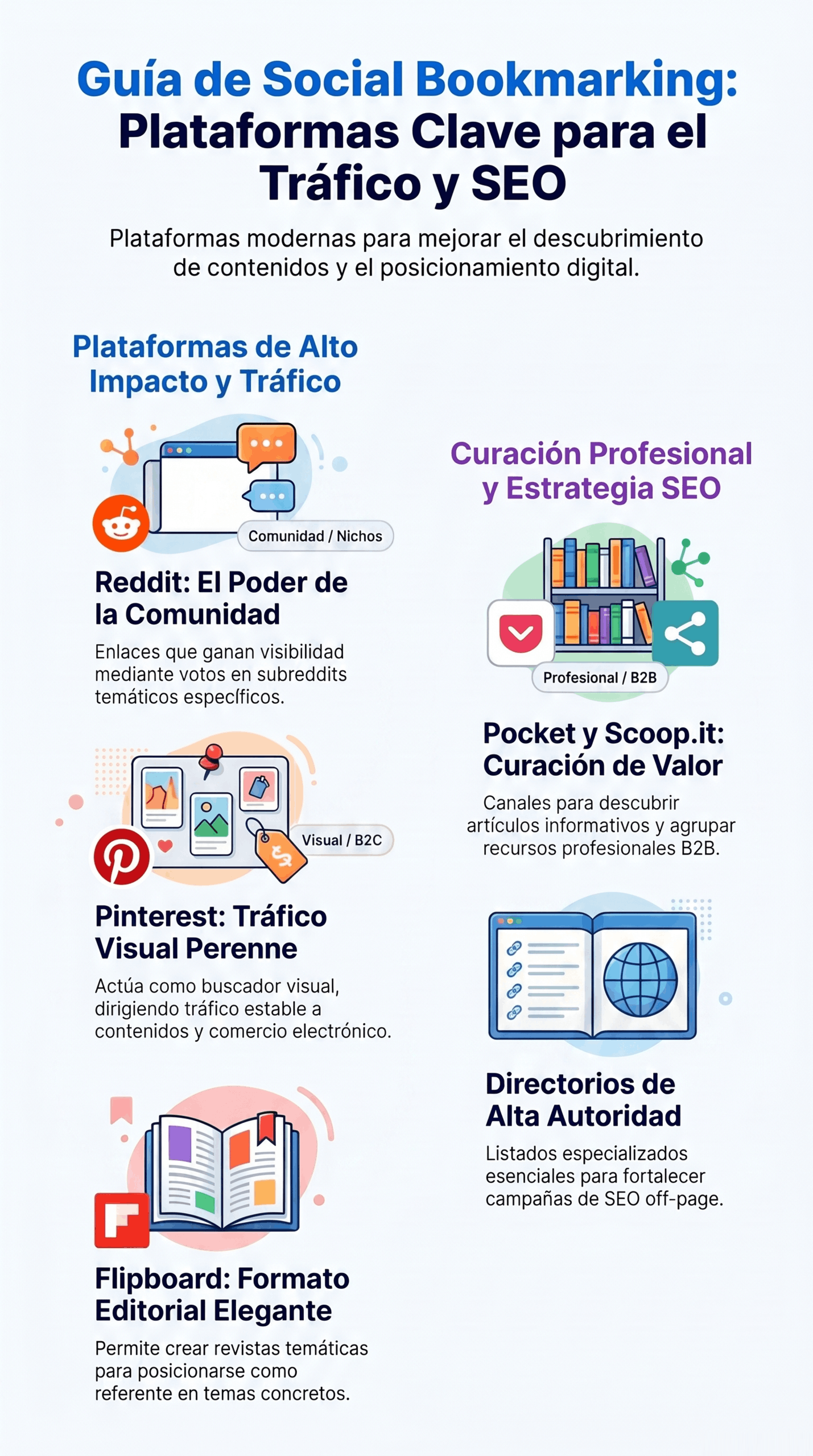 Infografía titulada "Guía de Marcadores para SEO" que muestra plataformas de social bookmarking como Reddit, Pinterest, Flipboard, Pocket y Scoop.it y explica cómo cada una aporta tráfico, curación de contenidos y autoridad para mejorar el posicionamiento SEO.
