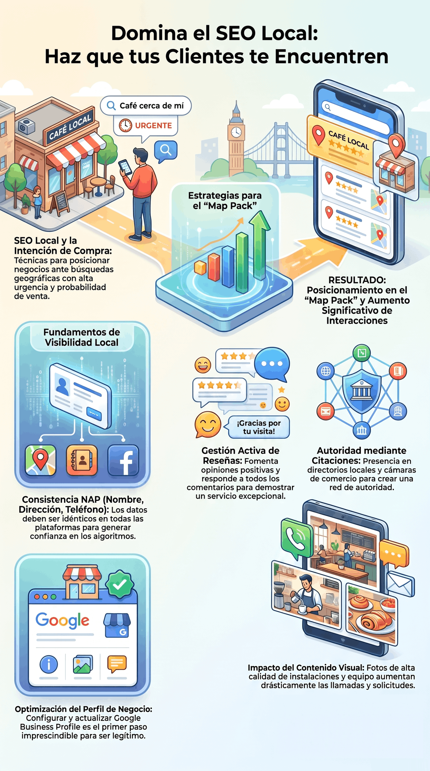Infografía de la guía de optimización SEO local con estrategias para aparecer en el Map Pack, mejorar el perfil de negocio, mantener coherencia NAP, gestionar reseñas, ganar autoridad con citaciones e impulsar llamadas y visitas con contenido visual.