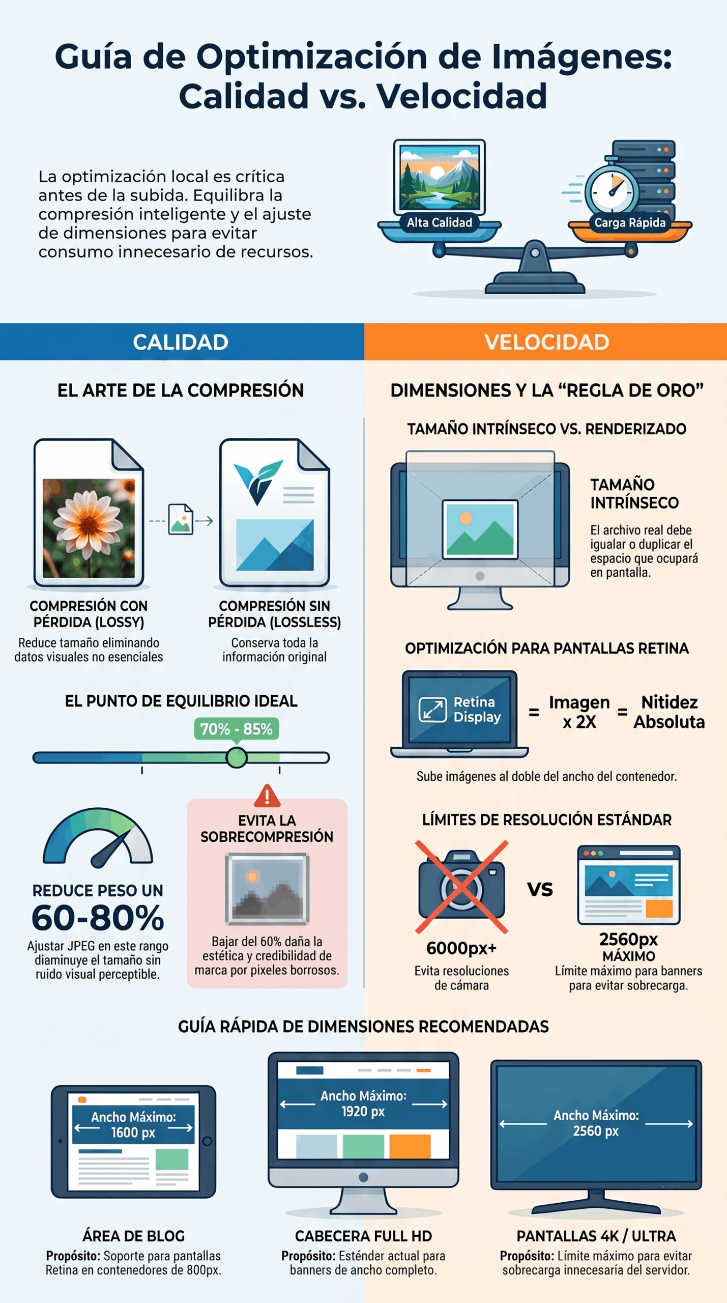 Infografía de la Guía de Optimización de Imágenes con consejos sobre calidad vs. velocidad, compresión, dimensiones recomendadas y formatos para mejorar el SEO.