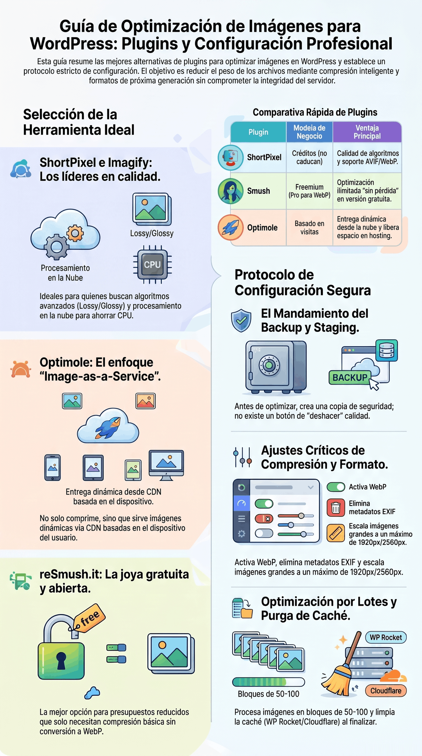 Infografía de la Guía de Optimización de Imágenes con recomendaciones sobre plugins, compresión, formatos WebP y ajustes de seguridad para mejorar el SEO y el rendimiento web.