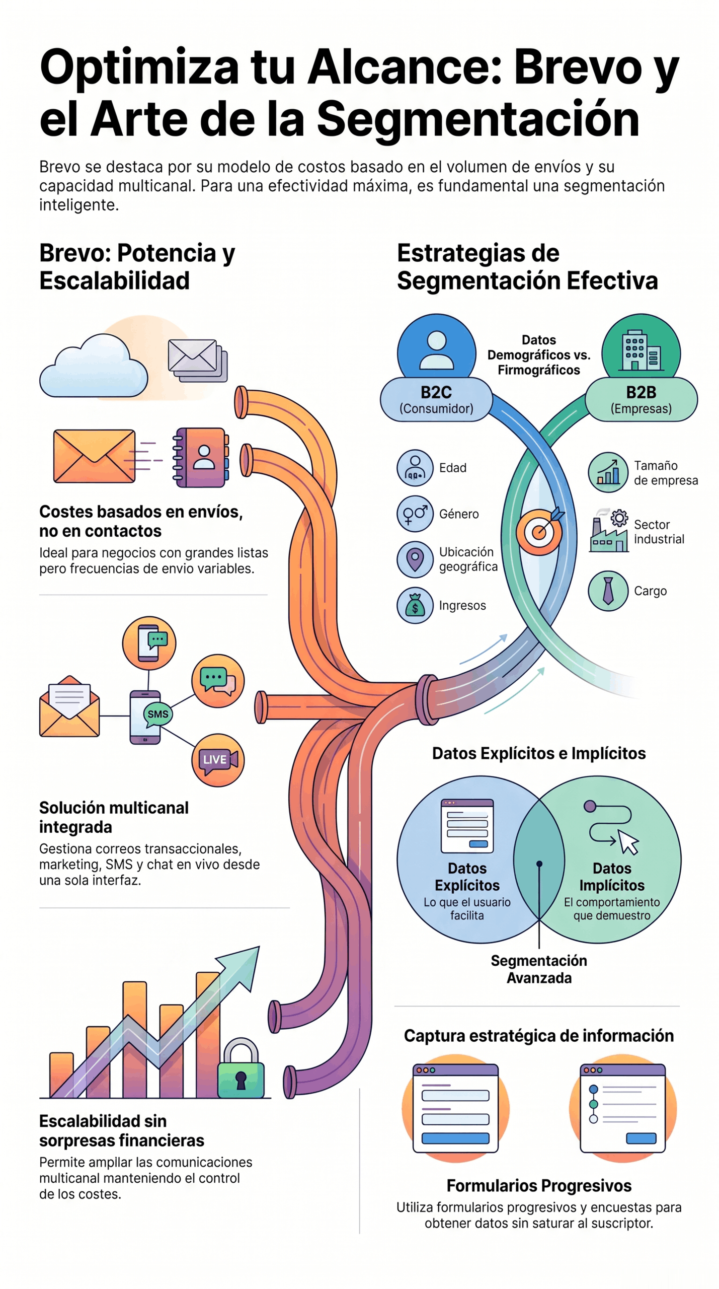 Infografía de la Guía de Segmentación de Marketing que explica cómo Brevo usa segmentación inteligente, datos demográficos y firmográficos, formularios progresivos y estrategia multicanal para mejorar el alcance y la escalabilidad.