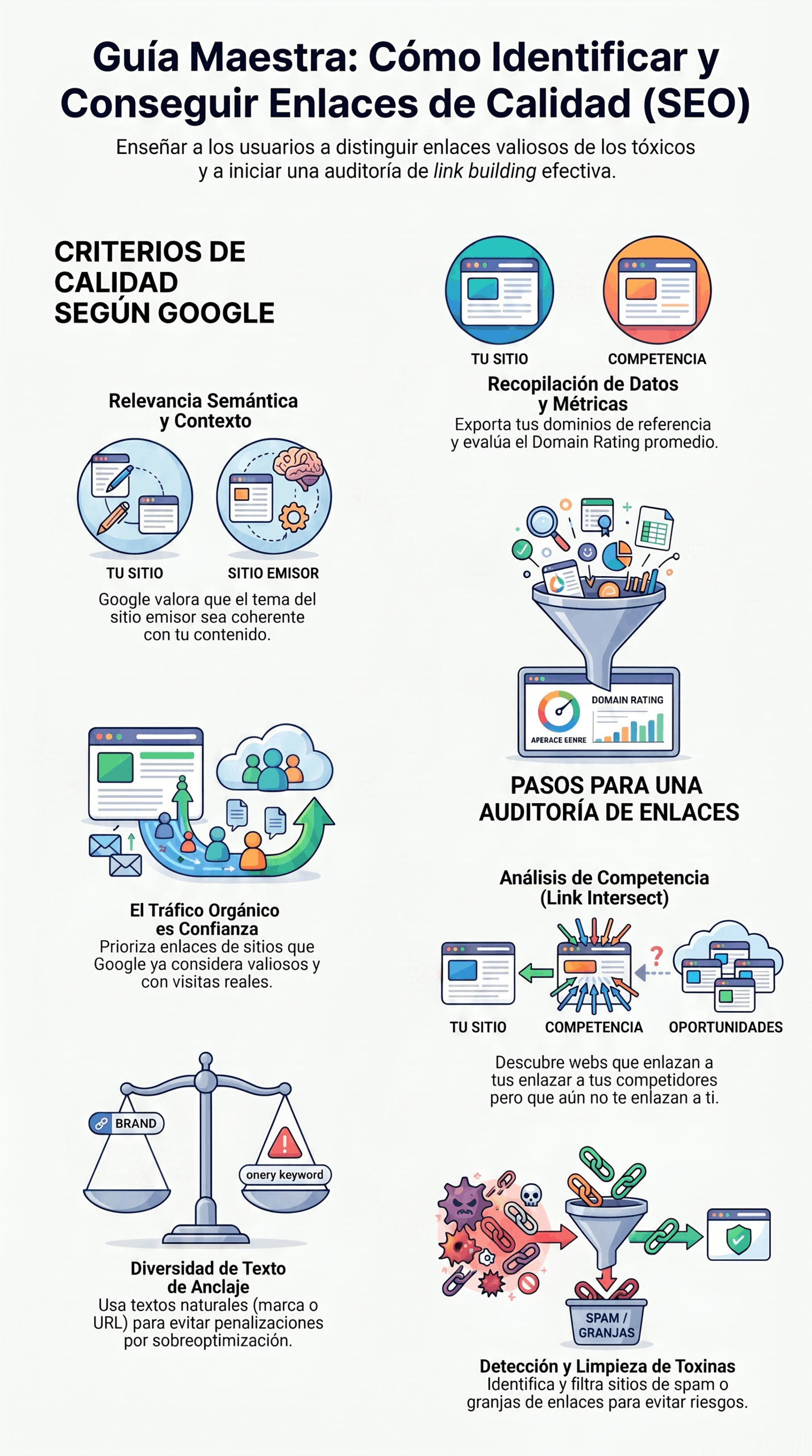 Infografía sobre la guía de enlaces SEO de calidad, con criterios de Google, análisis de competencia, relevancia semántica, diversidad de anclajes y detección de enlaces tóxicos para una auditoría de link building.