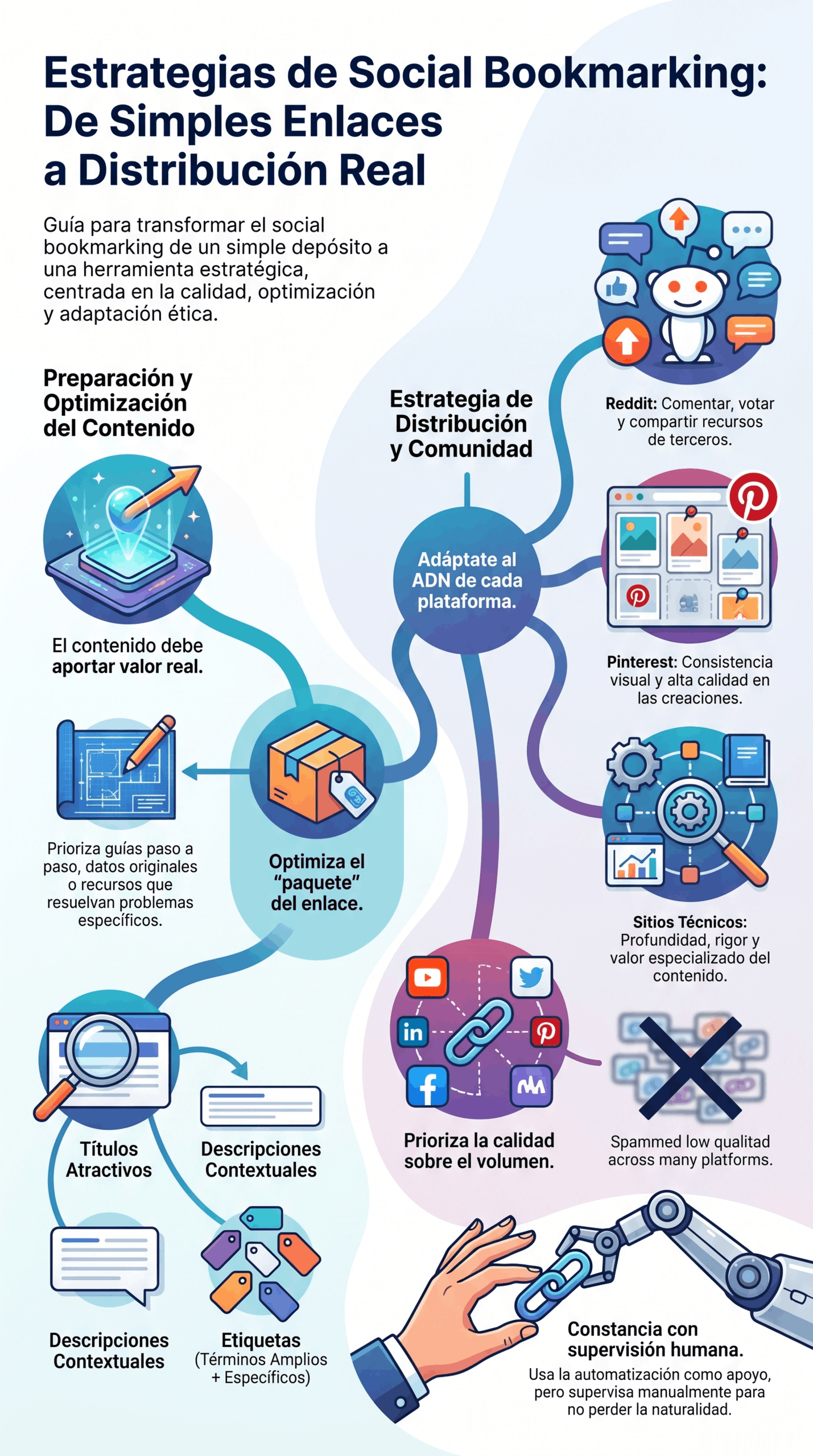 Infografía sobre guía de estrategias de distribución que explica cómo optimizar el contenido, adaptar cada plataforma, priorizar la calidad sobre el volumen y usar social bookmarking de forma ética para mejorar la visibilidad, el tráfico y el SEO.