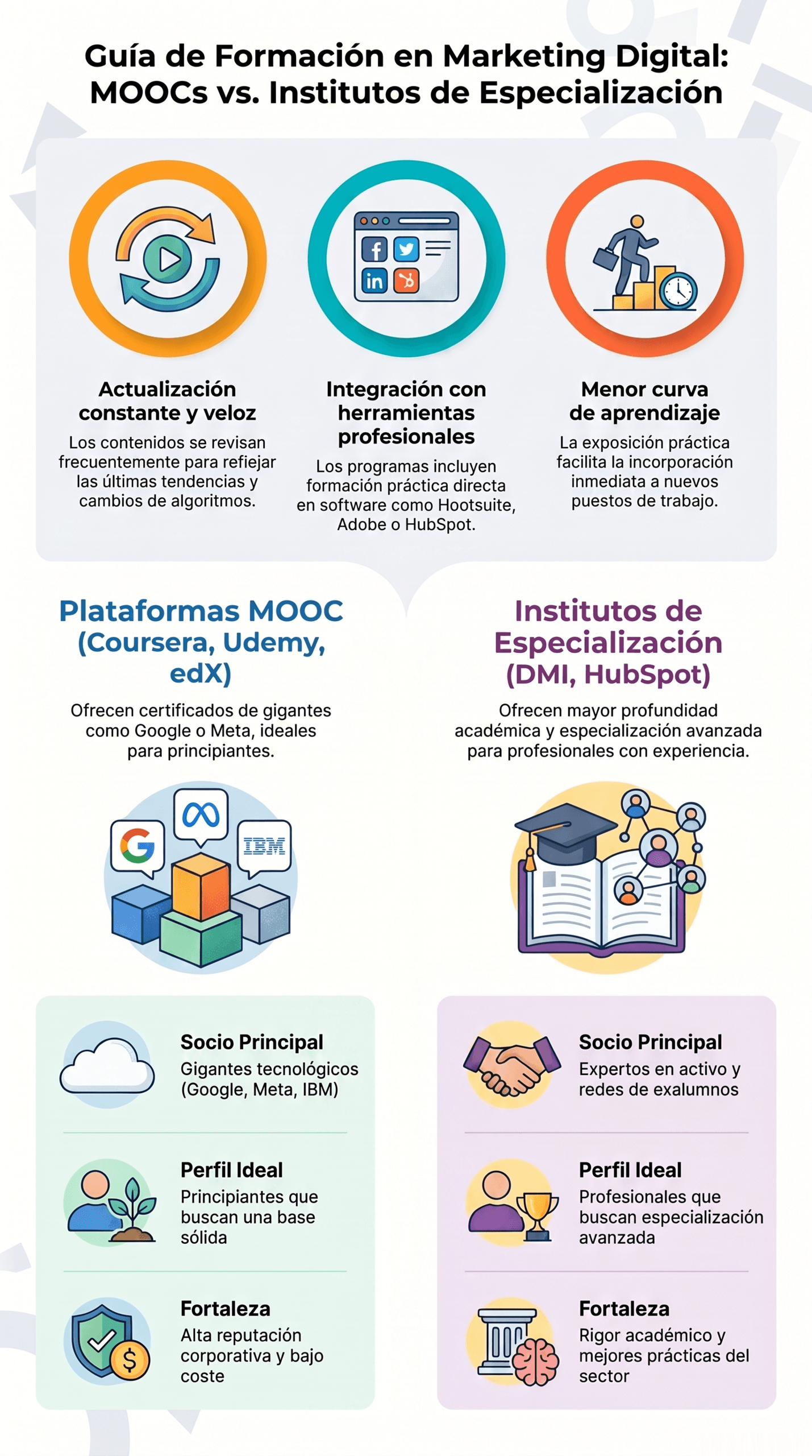 Infografía de la Guía de formación en marketing con comparación entre MOOCs e institutos de especialización, ventajas, perfiles ideales y fortalezas de cada opción.