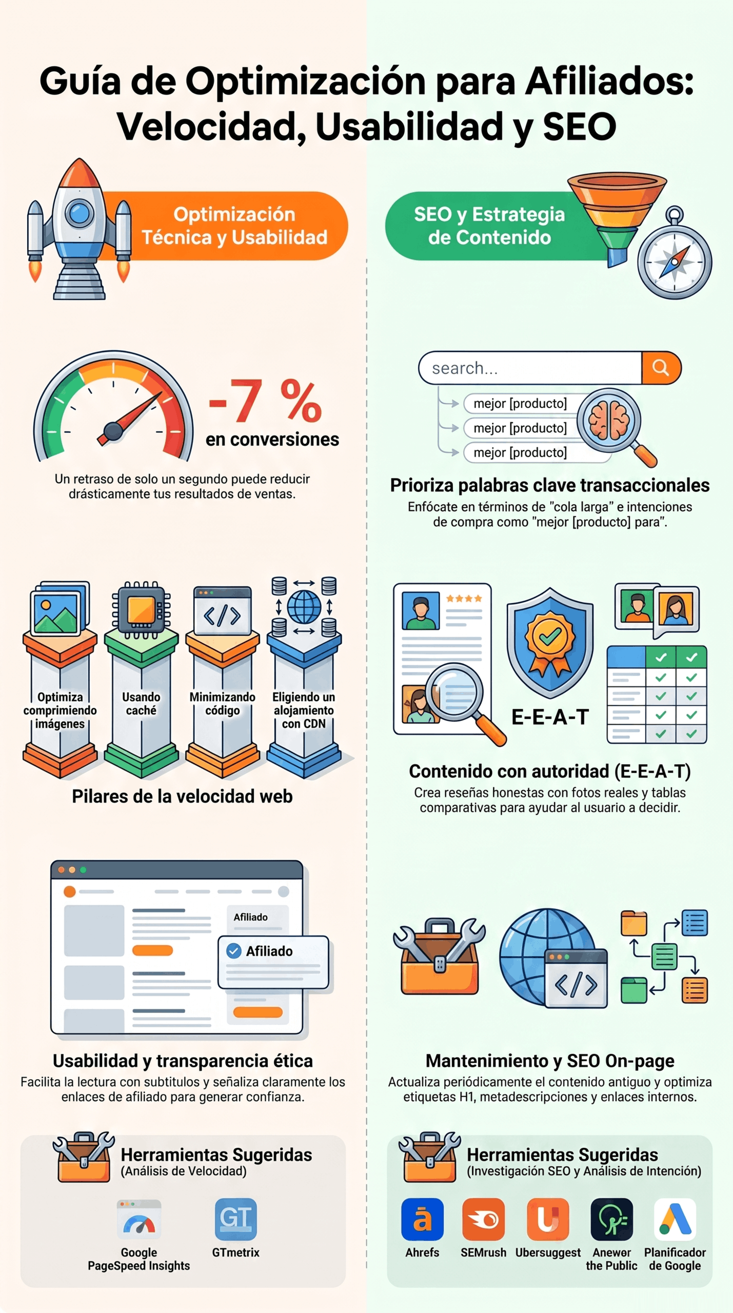 Infografía de la guía de optimización para afiliados con consejos sobre velocidad web, usabilidad, SEO, contenido con autoridad y mantenimiento on-page para mejorar conversiones y comisiones.