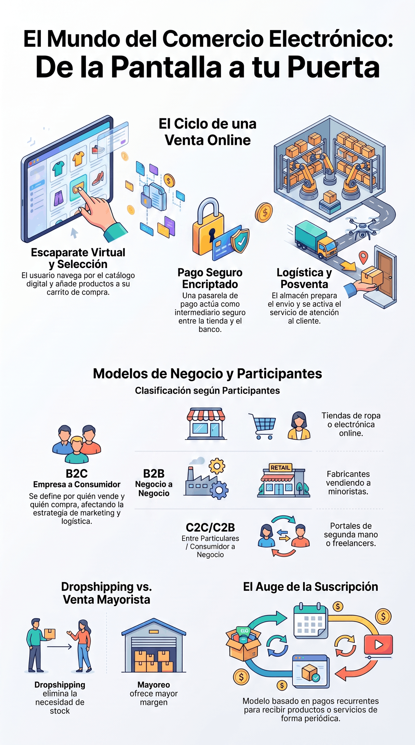 Infografía de la guía del comercio electrónico que explica el ciclo de una venta online, los modelos de negocio B2C, B2B y C2C, y conceptos como dropshipping, mayorista y suscripción.