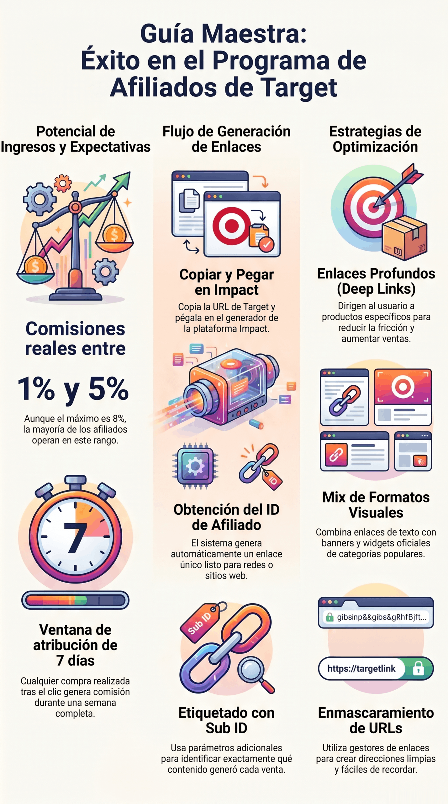 Infografía de la Guía del programa de afiliados con ingresos, enlaces profundos, ventana de atribución de 7 días, ID de afiliado y estrategias de optimización para Target.