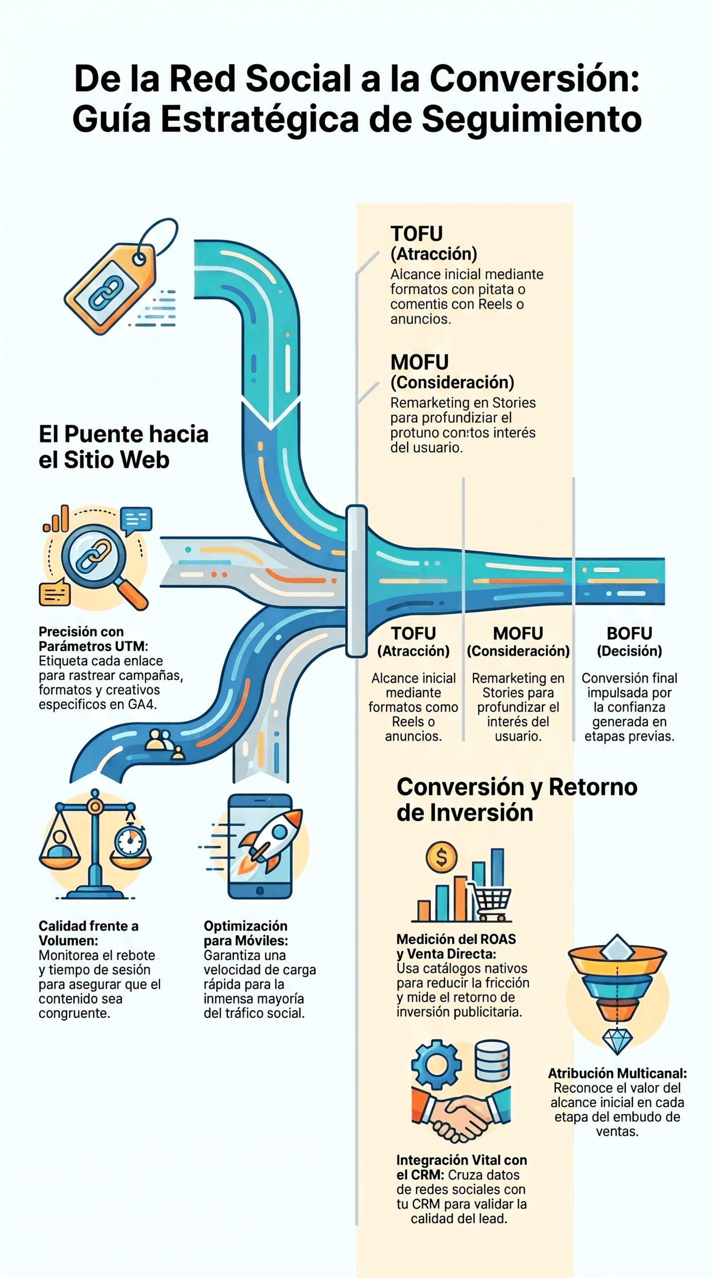 Infografía sobre guía estratégica de conversión social que muestra el embudo TOFU, MOFU y BOFU, la optimización de campañas, la atribución multicanal y la medición del retorno de inversión.