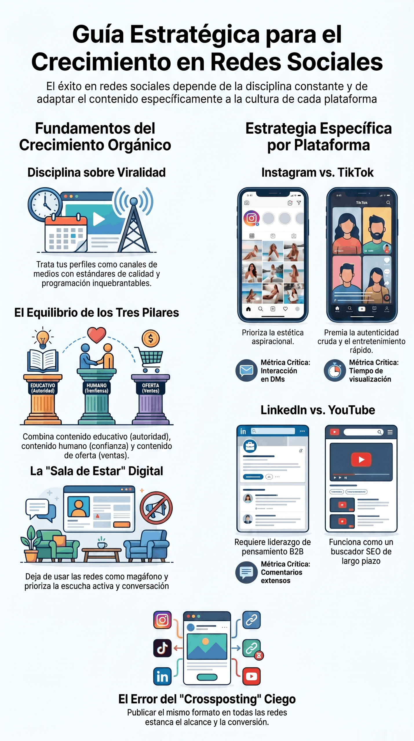 Infografía sobre guía estratégica para redes sociales que explica el crecimiento orgánico, la disciplina sobre la viralidad, la estrategia específica por plataforma y el error del crossposting ciego.