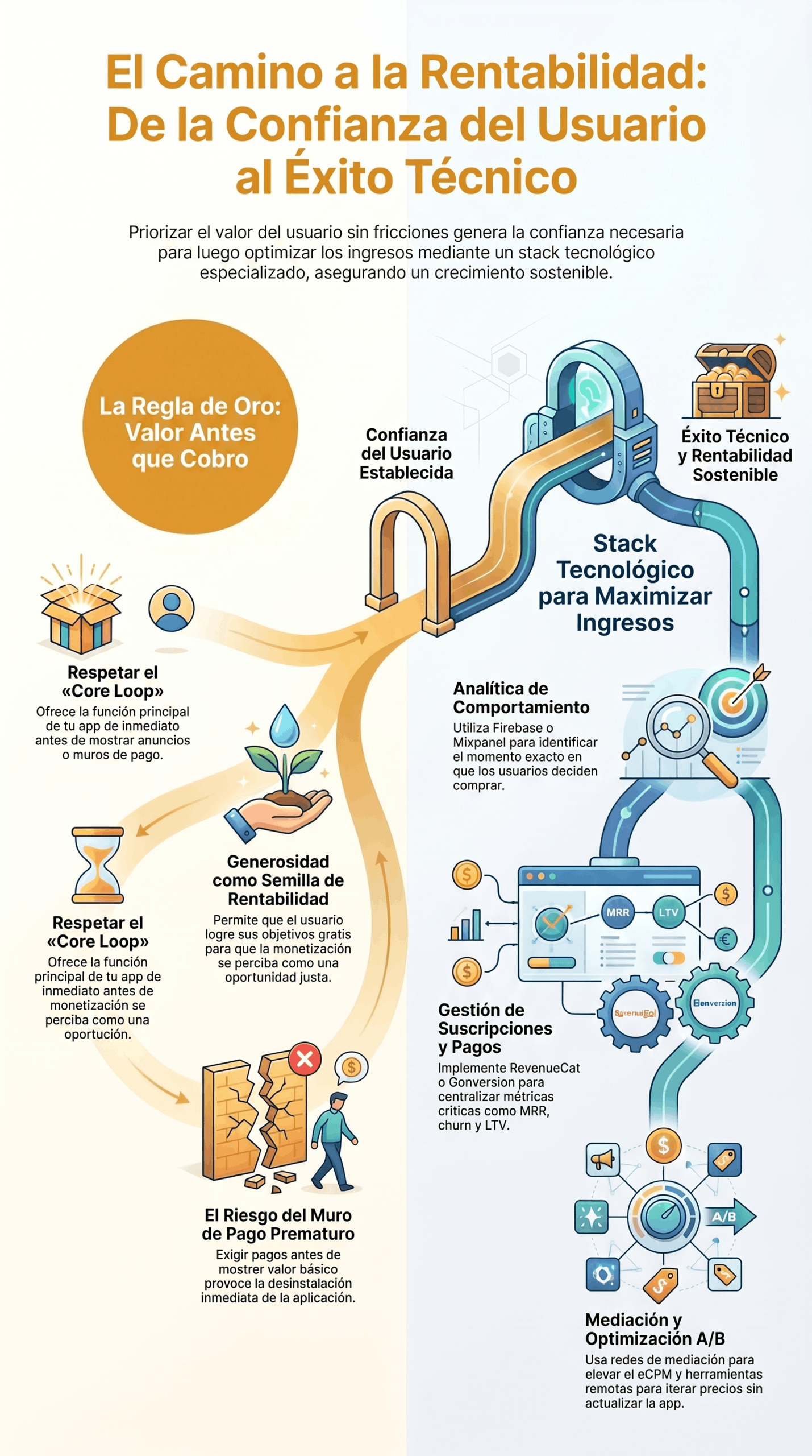 Infografía de la Guía para la Rentabilidad Sostenible, con estrategias para priorizar el valor del usuario, optimizar ingresos, analizar el comportamiento y usar un stack tecnológico para crecer de forma sostenible.