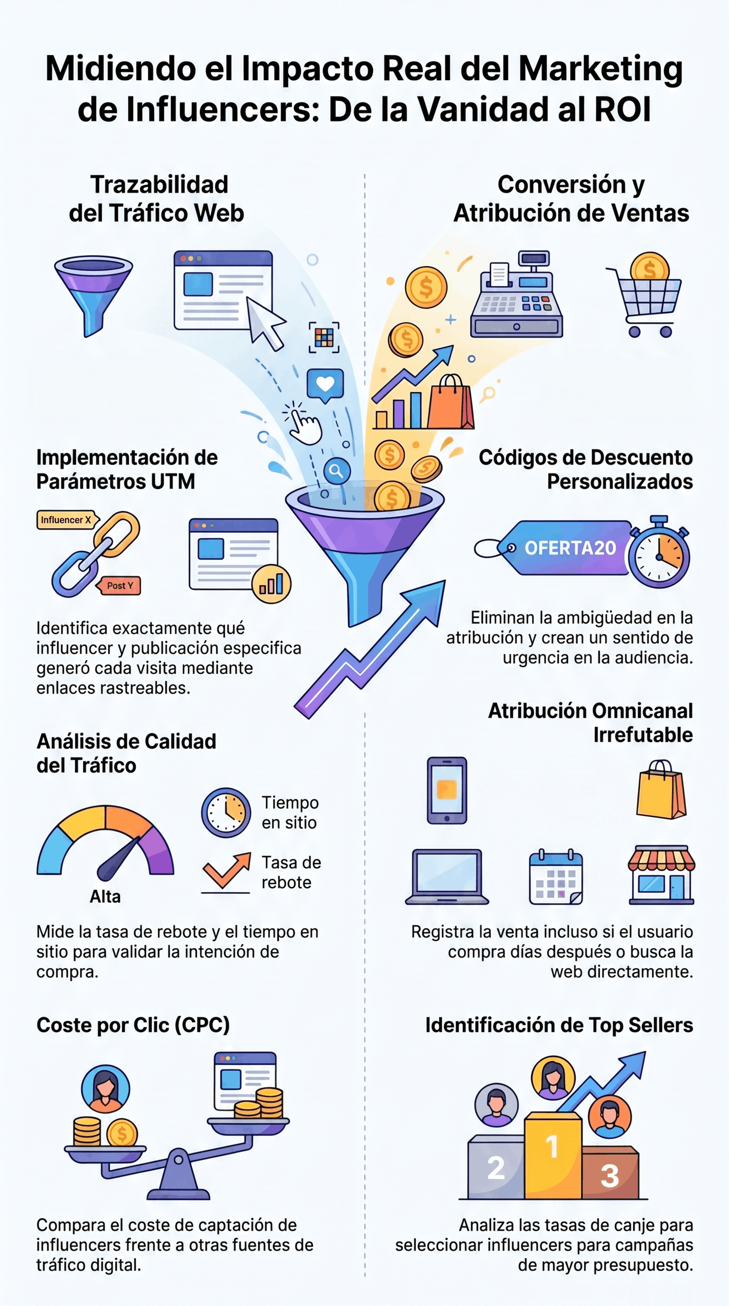 Infografía sobre Impacto del Marketing de Influencers con métricas para rastrear tráfico web, conversiones, parámetros UTM, códigos de descuento, coste por clic y atribución omnicanal.