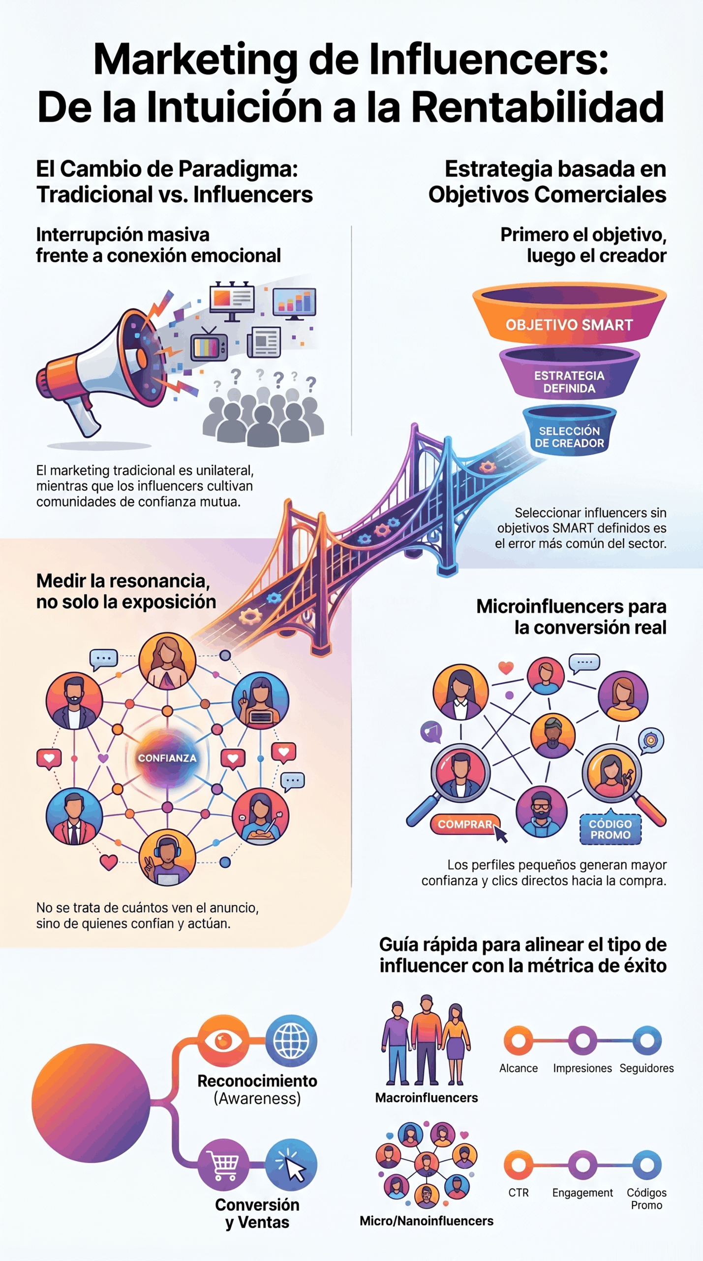 Infografía sobre Marketing de Influencers Estratégico con enfoque en objetivos comerciales, confianza, microinfluencers, conversión y métricas de éxito como alcance, impresiones, CTR y engagement.